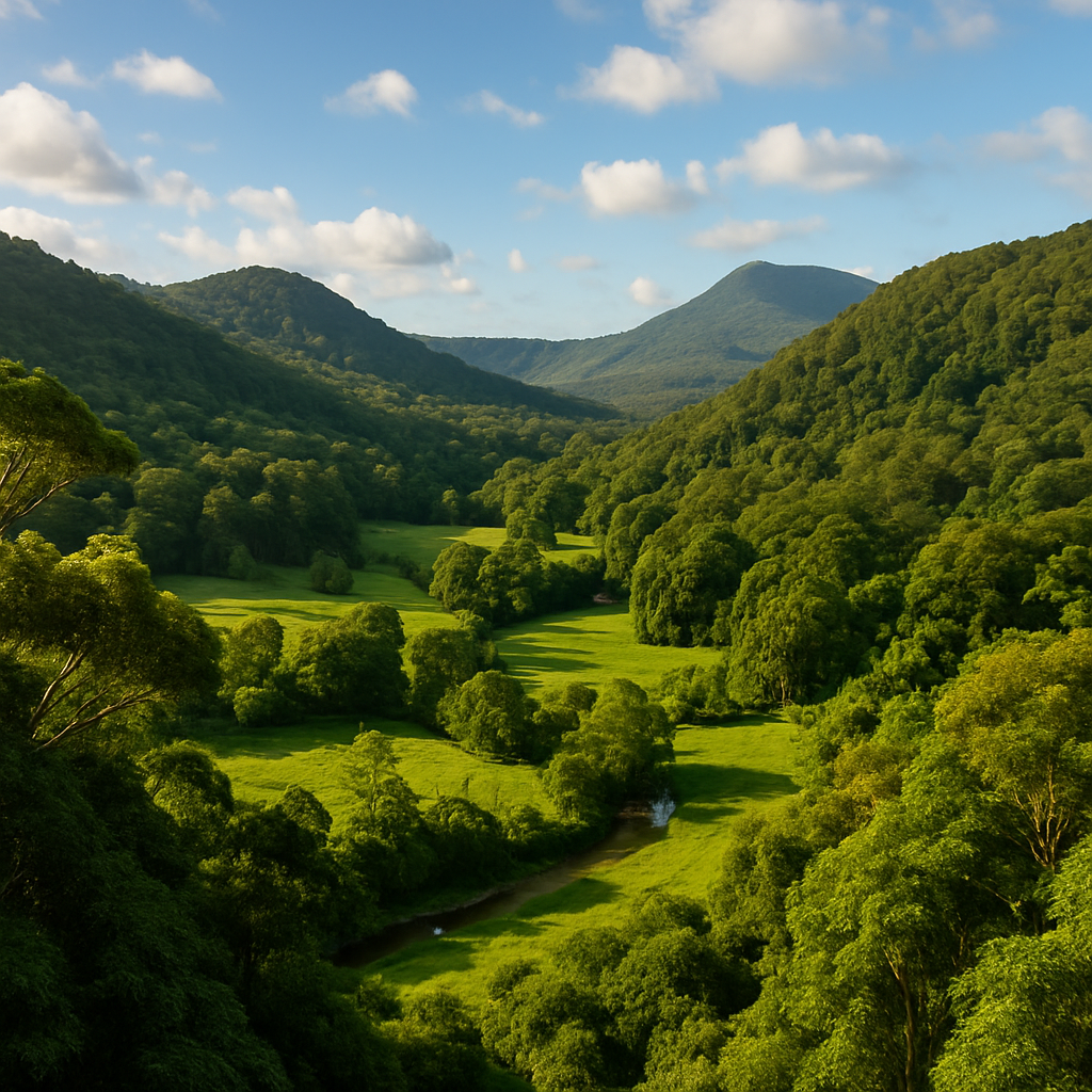 “lush green hinterland valley with dense subtropical rainforest vegetation in Northern Rivers NSW”