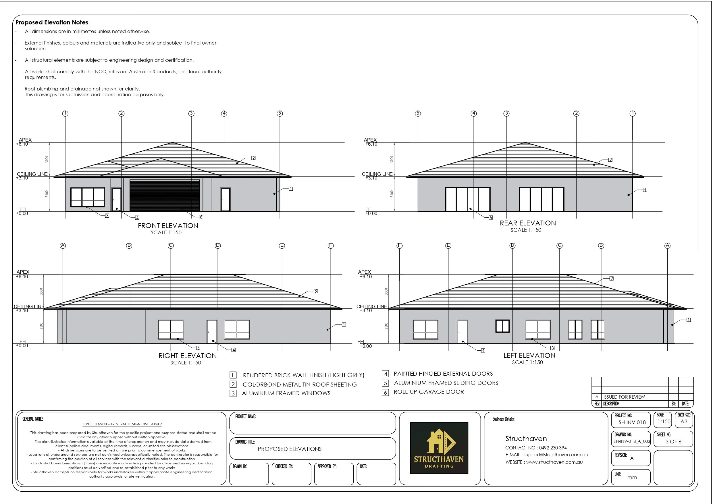 Front, rear, and side elevations of the residential dwelling showing gable roof, external walls, doors, windows, and garage.”