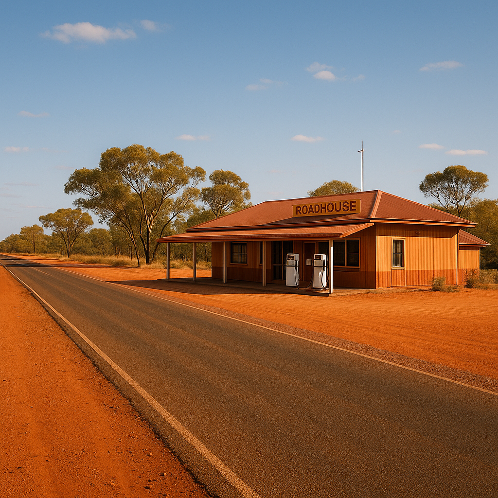 “Tennant Creek NT outback roadhouse on red dirt highway with remote desert bushland and clear blue sky.”