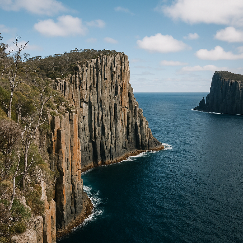 East coast tasmania coastal landscape near bicheno with rugged granite cliffs, turquoise waters, and a small eco structure - showcasing Structhavens drafting and design expertise for coastal architecture, tourism and environments