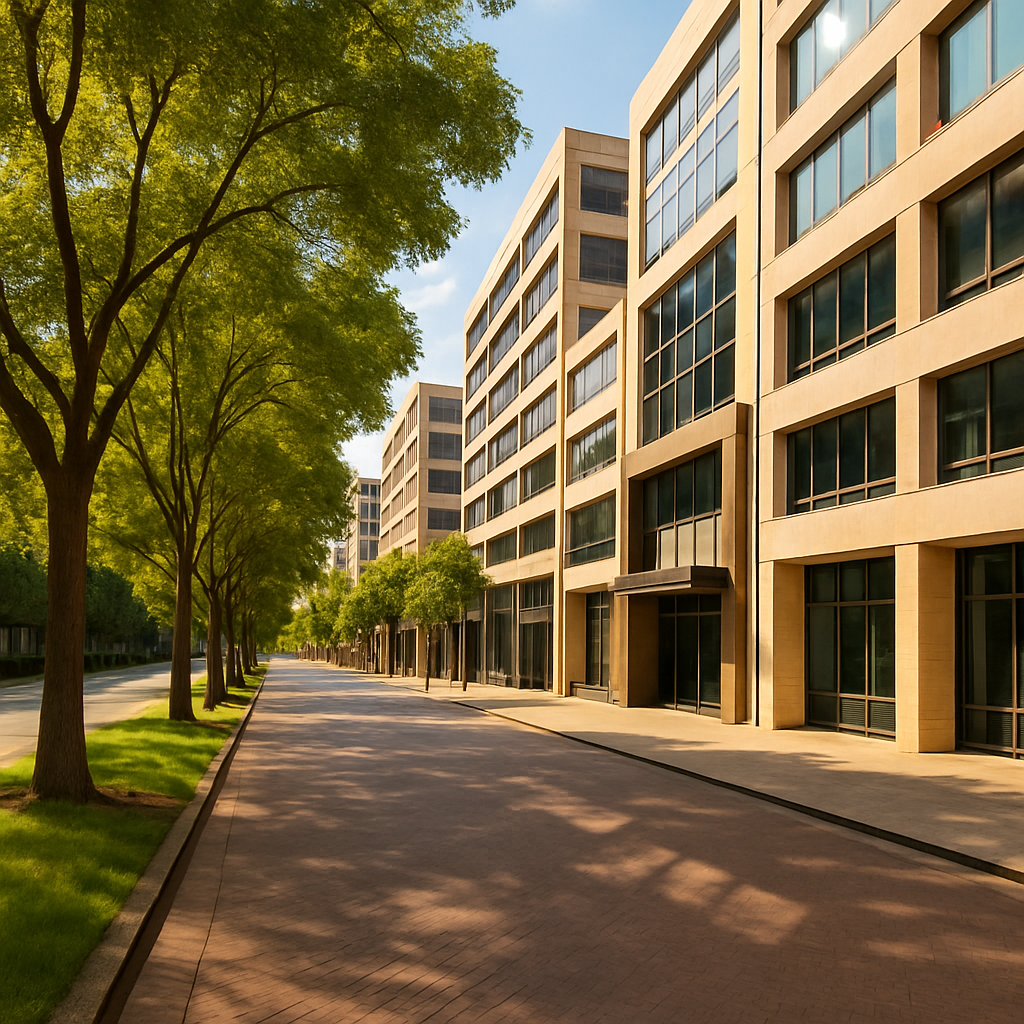 “inner-city Sydney commercial street with modern mid-rise buildings, trees and warm afternoon light”