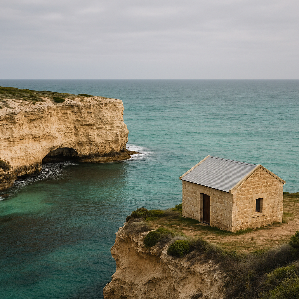 Limestone coast landscape featuring white cliffs, turquoise water and a small limestone port shed beside the coast under soft golden light - illustrating structhavens drafting work for industrial, logistics and marine developments in South East SA