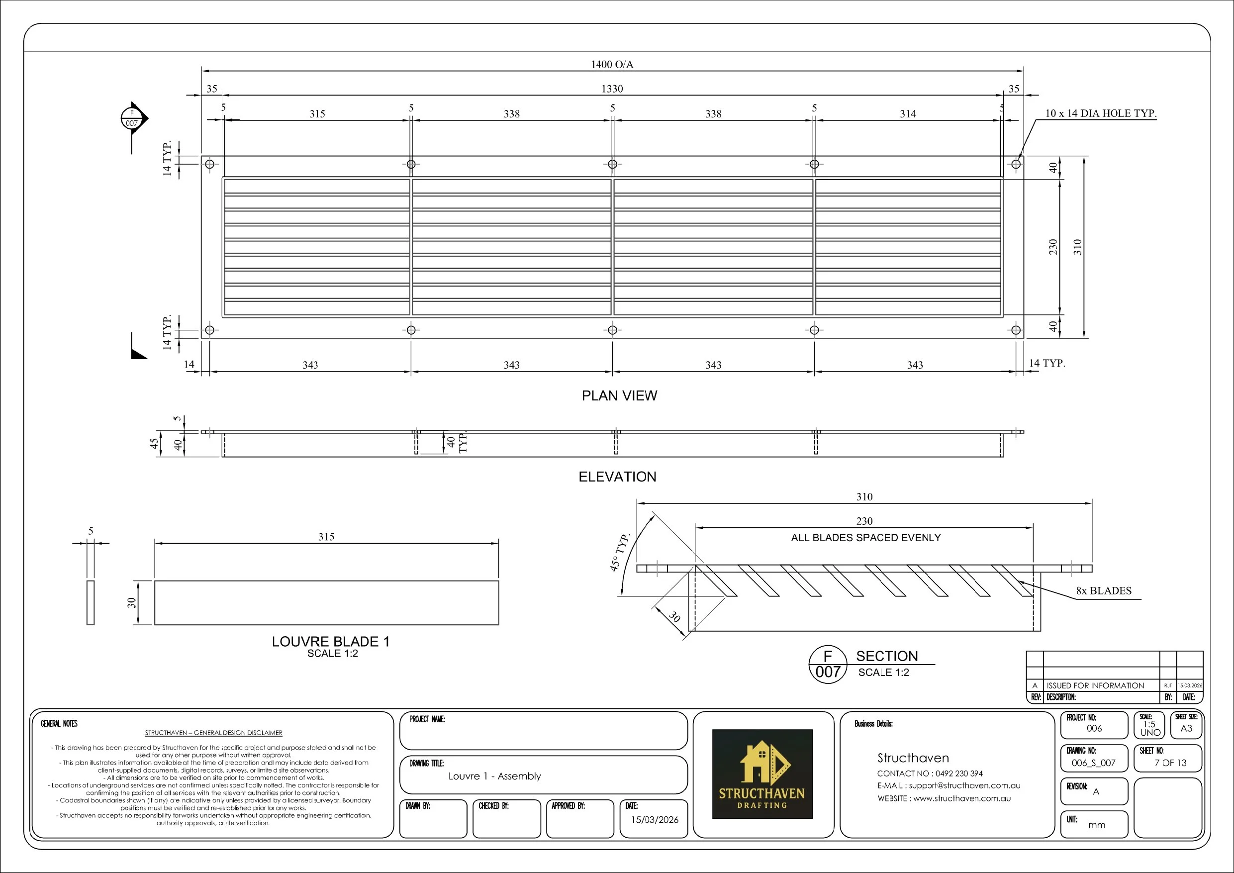 "Louvre blade detail for sound attenuated housing, including elevation and plan views, dimensions, and spacing of blades, and angle of attachment."