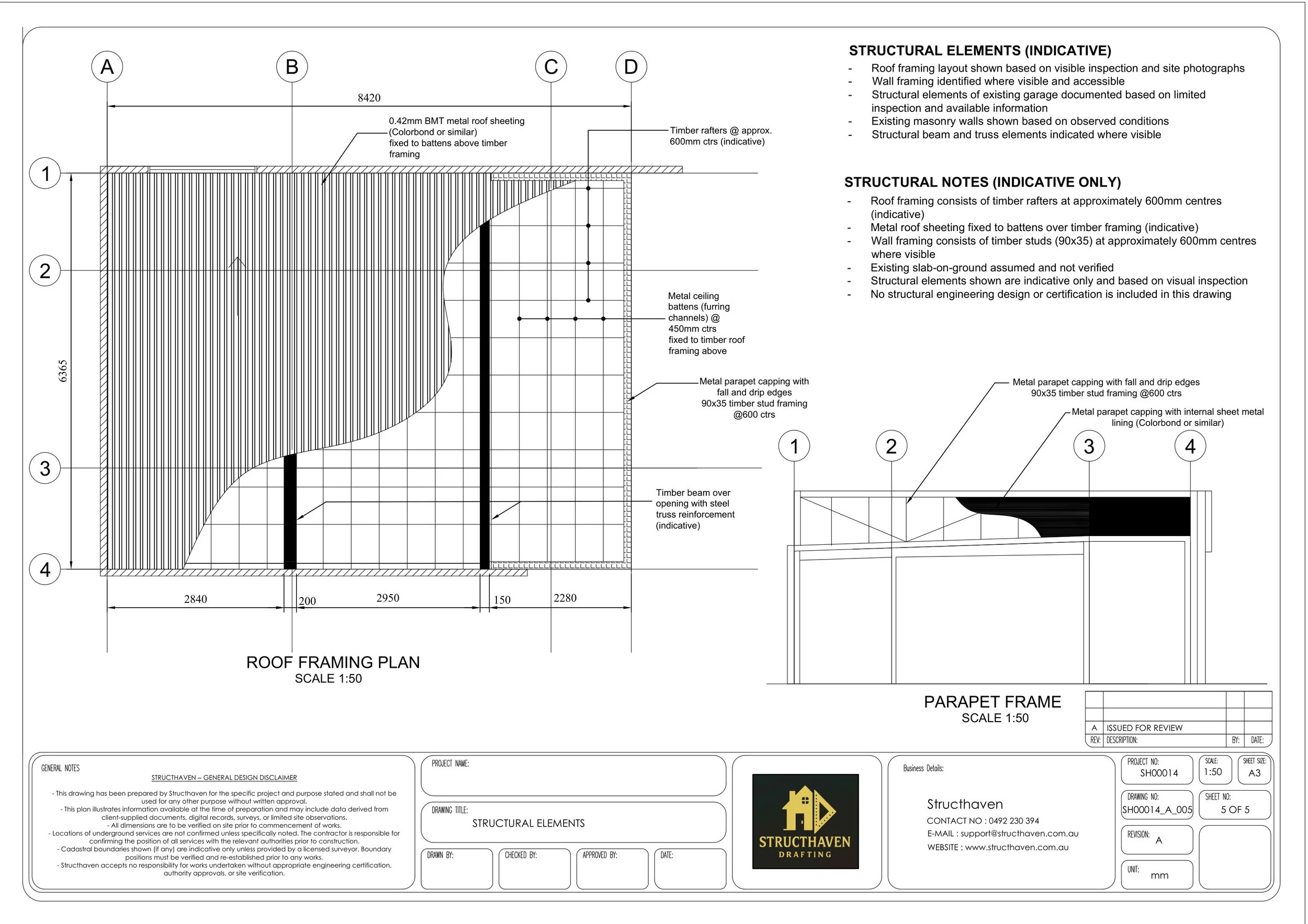 Indicative structural elements drawing showing timber framing, roof structure and construction details of granny flat in Bunbury WA