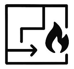 Fire safety drafting icon showing evacuation pathway and flame – Structhaven provides evacuation diagrams, block plans and compliance-focused fire safety layouts across Western Australia.