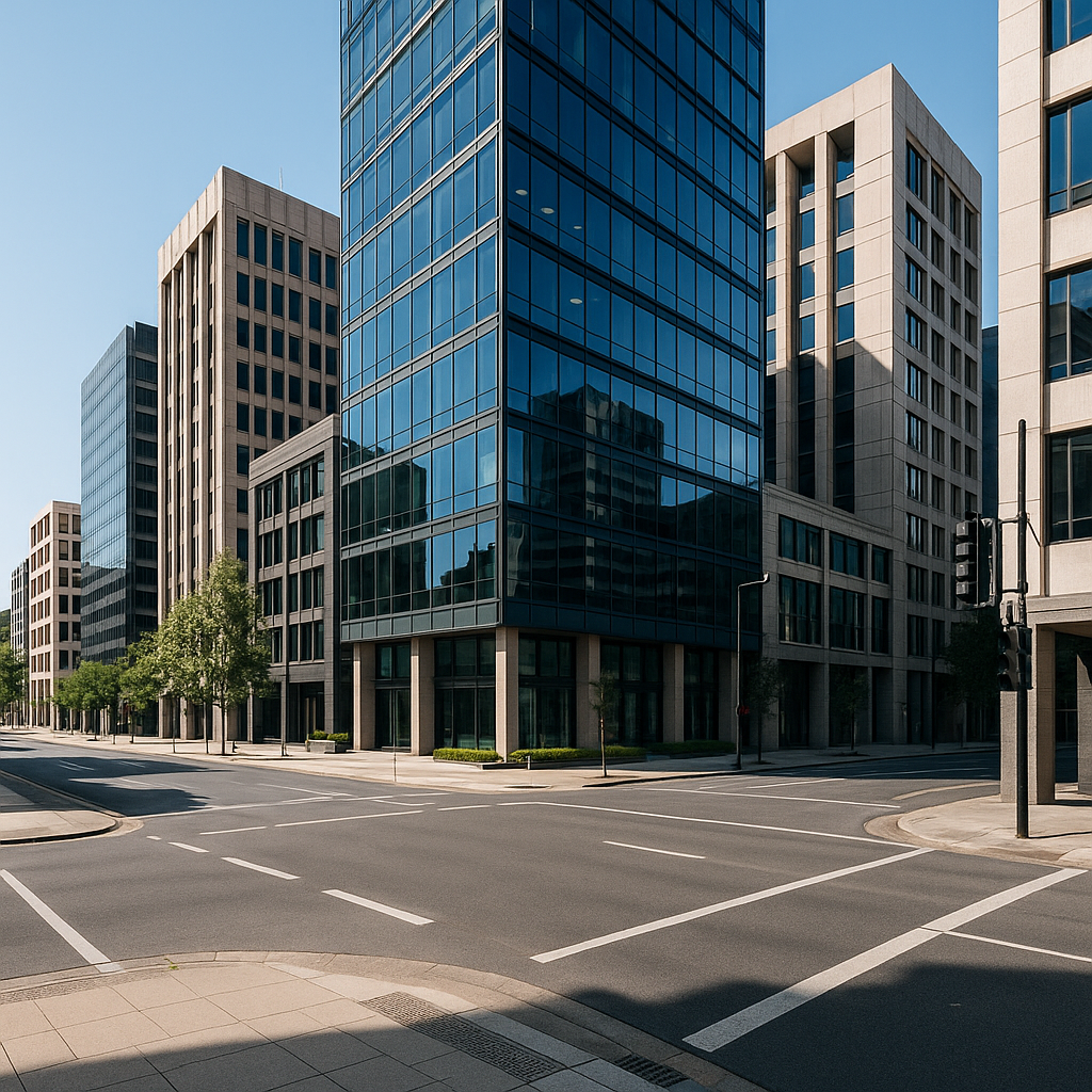 Modern adelaide city scene showing contemporary office buildings, glass fascades and clean urban streets under bright daylight - representing structhavens drafting and design services for commercial, mixed use and industrial projects across Adelaide