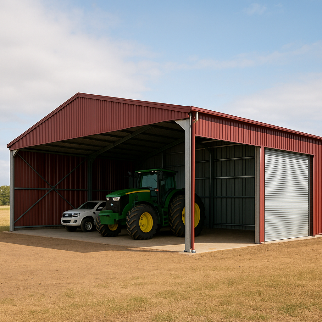 A red metal barn with a roll-up door, housing a green tractor and a white vehicle, on a farm with grassy fields and a partly cloudy sky.