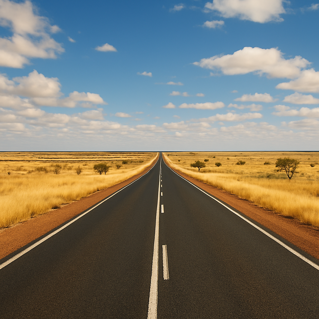 “Square image of a long straight outback highway cutting through golden grass plains toward the horizon in Central West and Outback Queensland.”