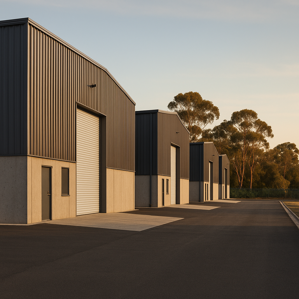 Realistic Belconnen industrial estate scene in canberra with steel warehouses, loading bays and eucalyptus trees under warm afternoon light - showcasing structhavens drafting expertise for industrial and commercial developments in the ACT