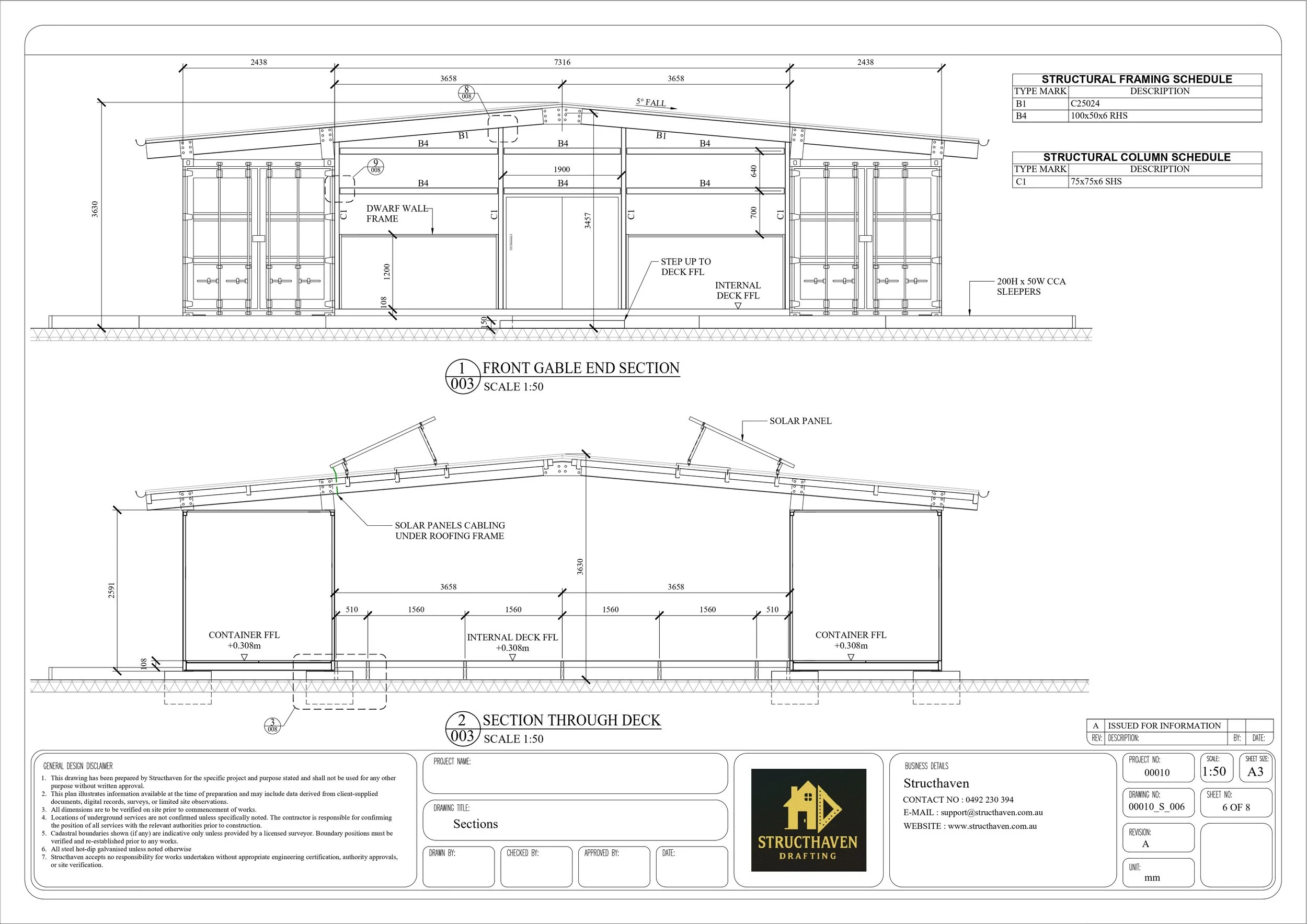 Cross sections of shipping container compound detailing structural framing, roof pitch, internal deck levels, container integration, and construction detailing for industrial project