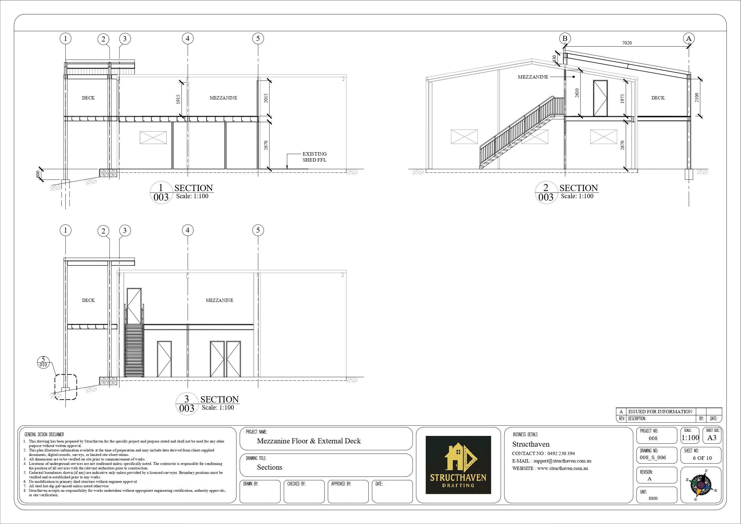 Section drawings illustrating mezzanine floor height, stair access, deck structure and roof extension inside an existing steel shed building.
