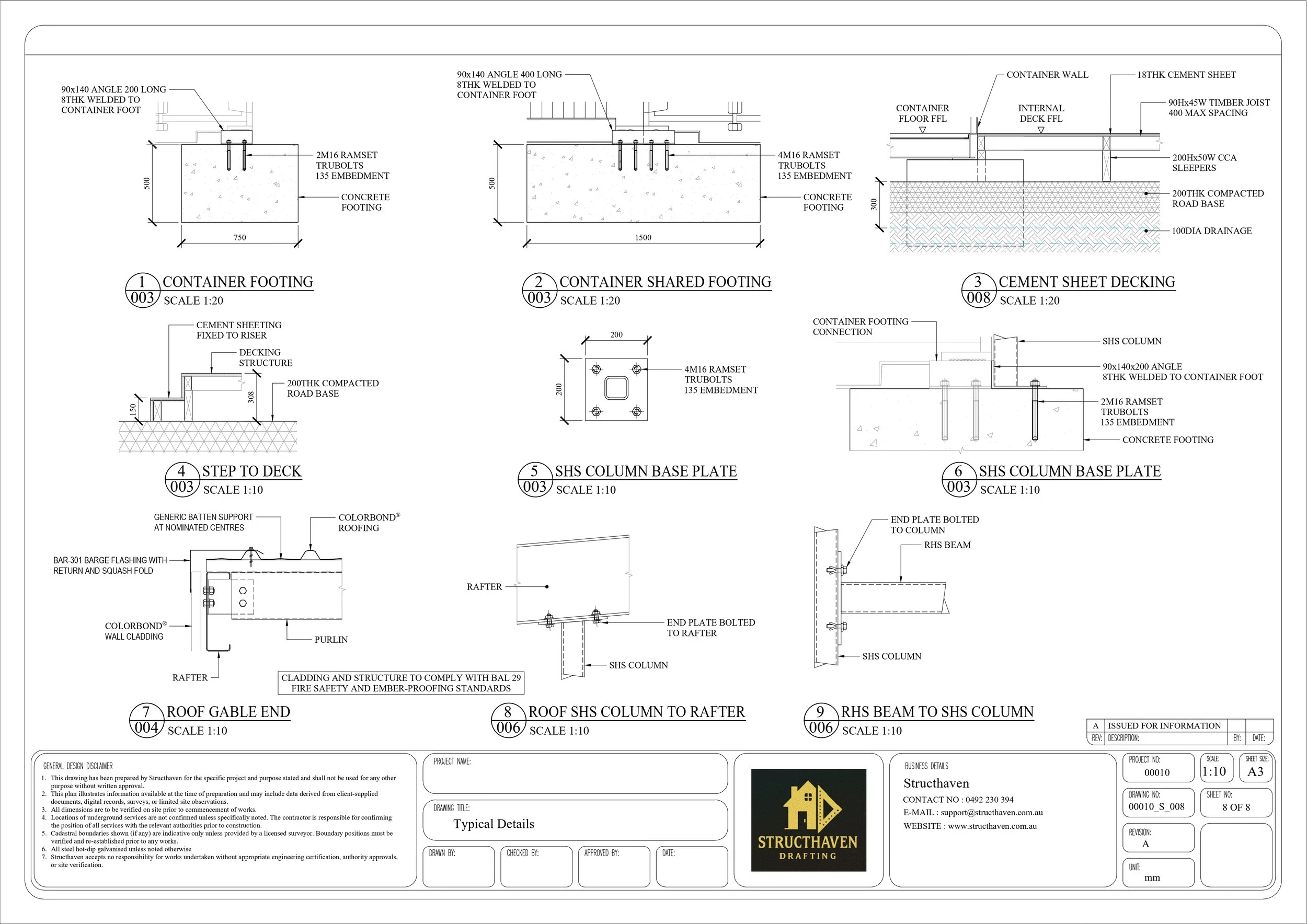 Typical construction details for shipping container compound including deck connections, structural elements, footing details, and material specifications for build-ready documentation