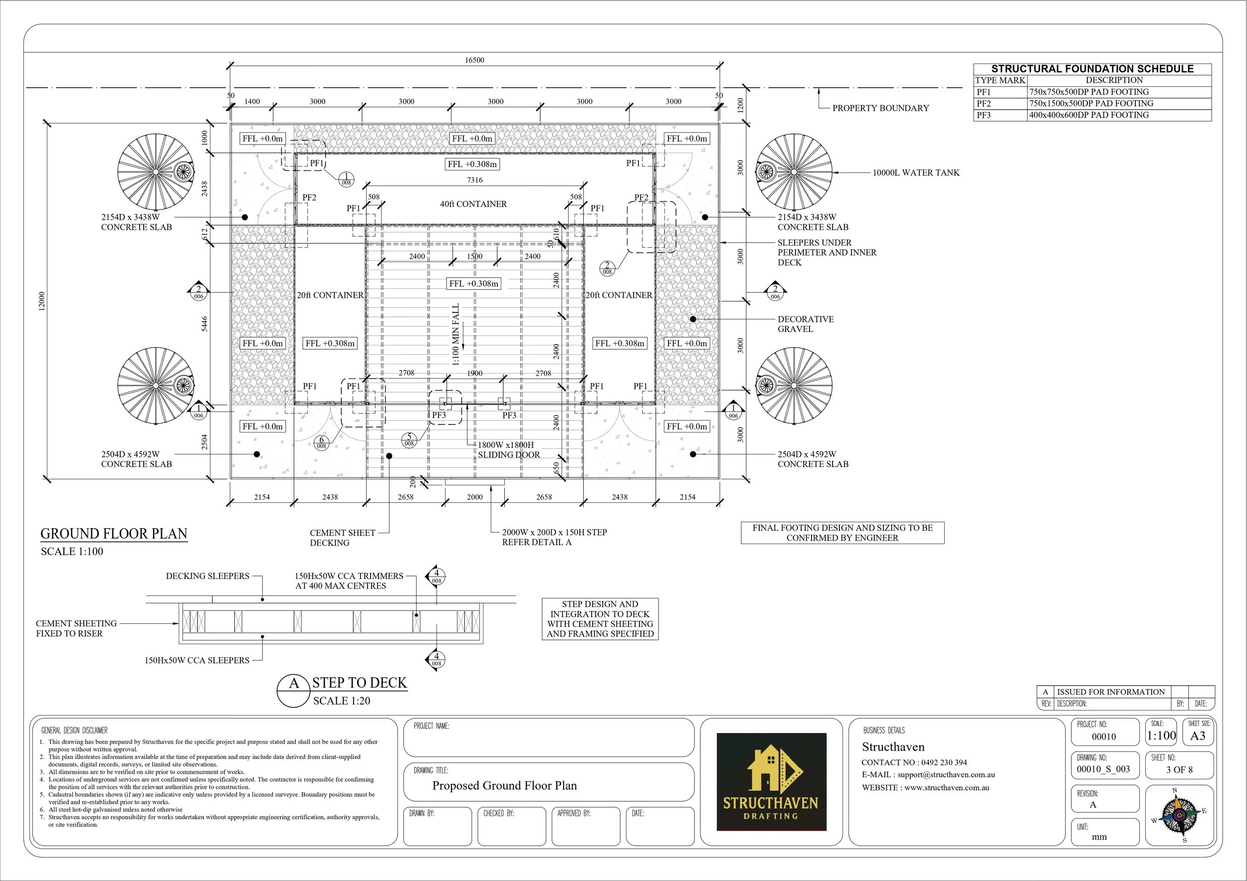 Shipping container compound ground floor plan with 20ft and 40ft container layout, central deck, concrete slabs, pad footings, and water tank placement for industrial facility design