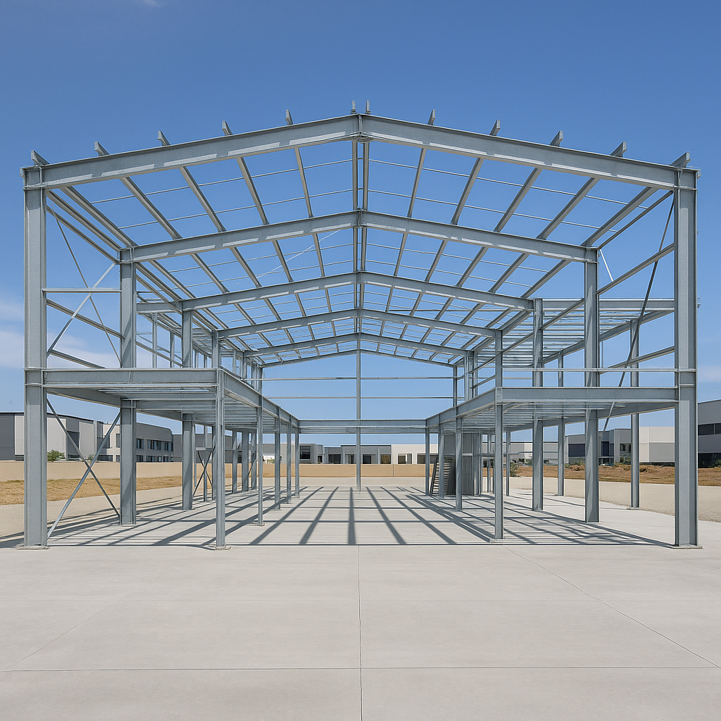 Large commercial warehouse steel frame with galvanised universal columns, rafters, purlins and mezzanine structure on a concrete slab in an industrial estate in Western Australia.