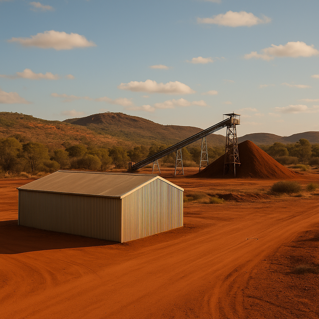 “remote mining sheds and conveyors on red dirt industrial site in Western NSW outback”