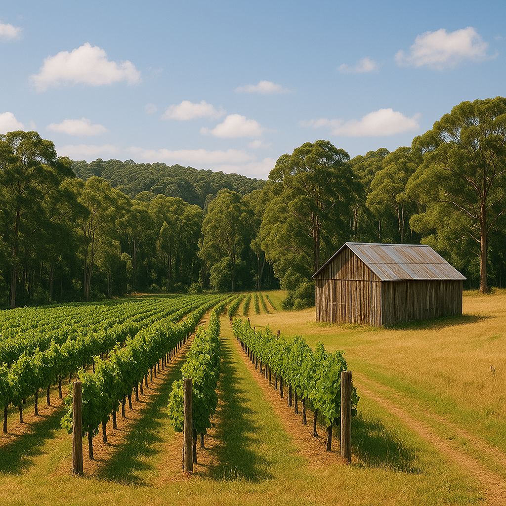 Square image of South West WA vineyard rows bordered by eucalyptus forest with a small rural shed - reflecting Margaret river wine region agriculture and land development across the south west