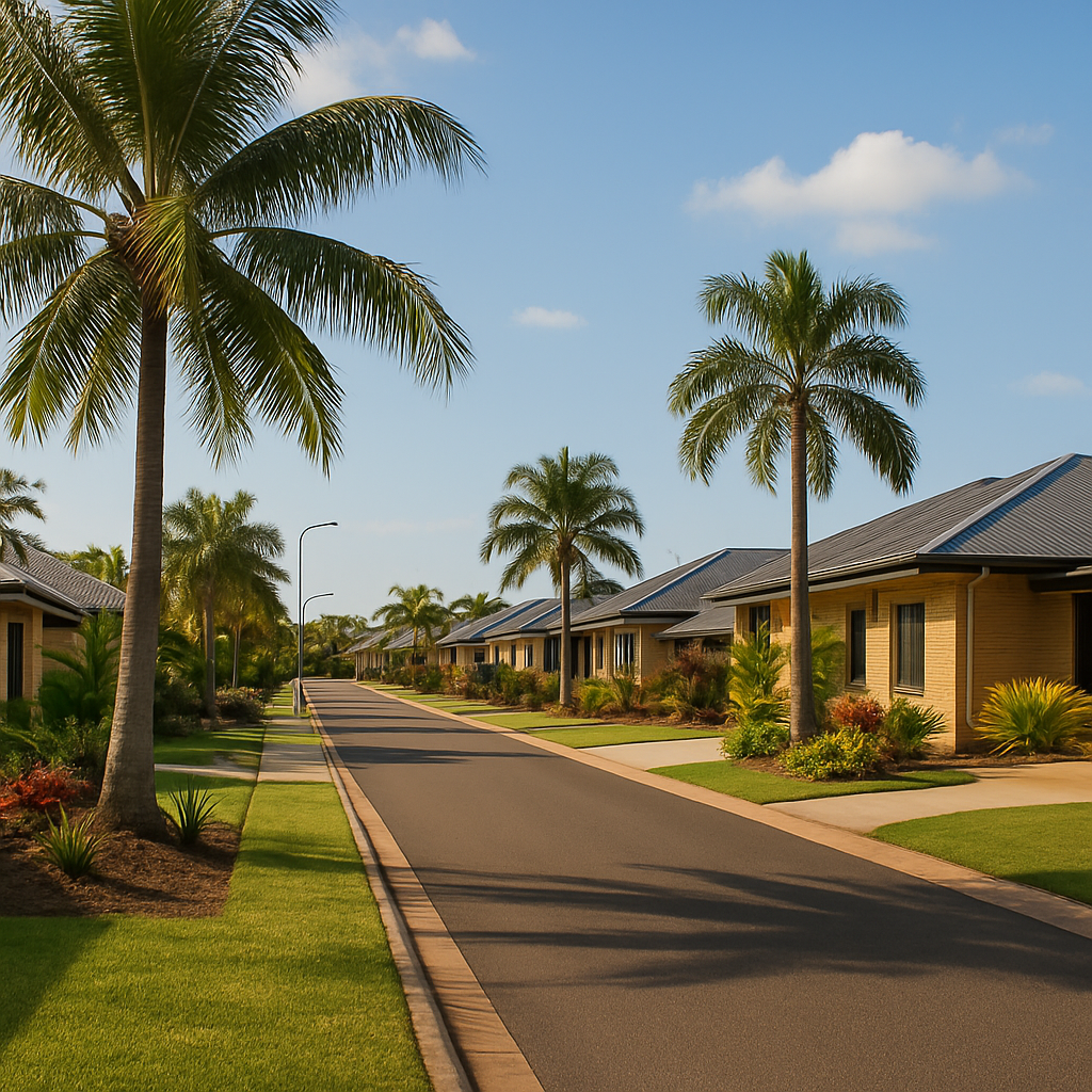 “Palmerston NT tropical suburban street with palm trees, modern homes and clean landscaped residential subdivision.”