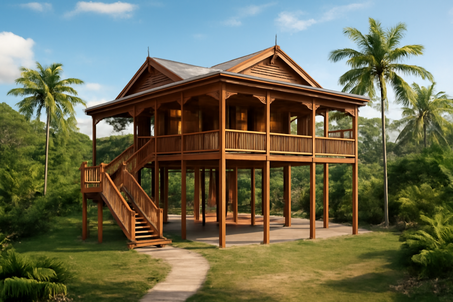 "Detailed front view of a Queenslander house with timberwork and a wide staircase."