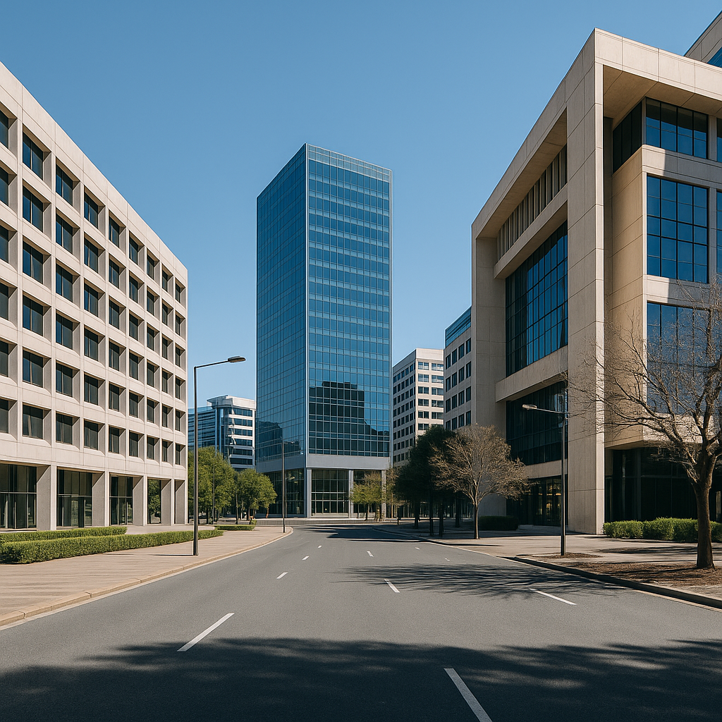 Canberra central cityscape showing modern government and commercial buildings near civic with wide boulevards and clean architecture lines 0 representing Structhavens drafting and design service for office, government and commercial projects