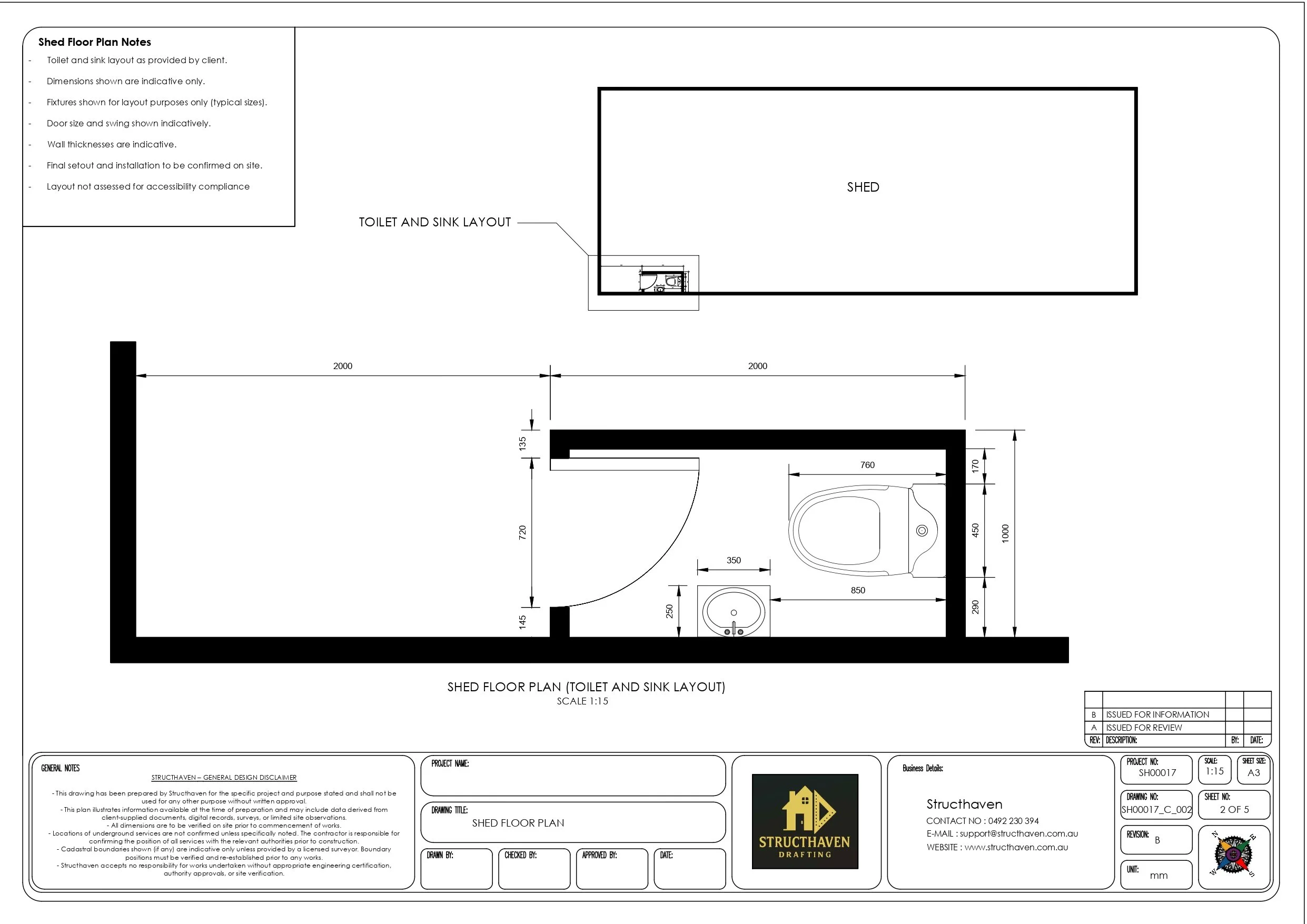 “Shed floor plan of SH-00017 displaying proposed toilet and sink layout, door positions, internal configuration, and indicative wall thicknesses. Notes indicate dimensions are approximate and final installation to be confirmed on site.”