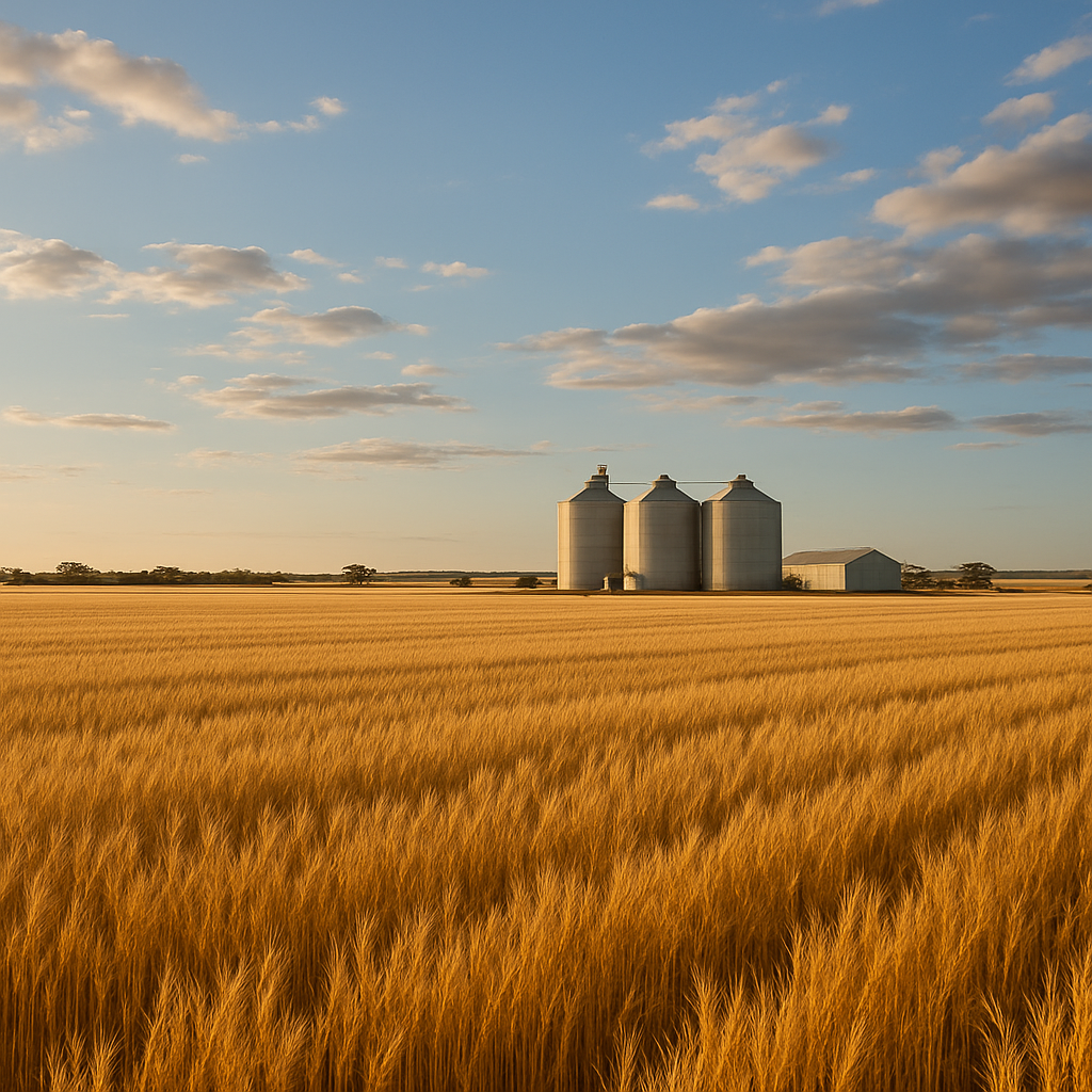 Square image of WA wheatbelt golden grain fields with grain silos at horizon - representing agricultural land, broadacre farming and wheatbelt infrastructure landscapes