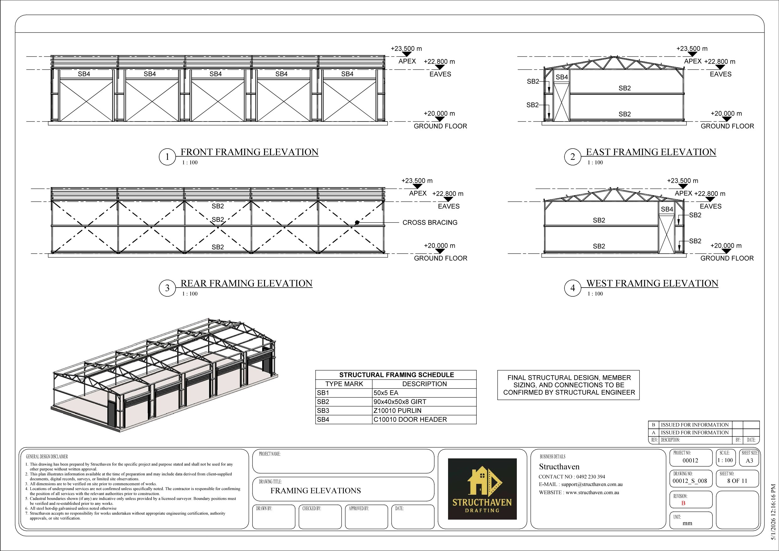 Steel framing and angle iron truss elevation drawings for a 5 bay rural garage in Kalgup WA showing structural roof framing and workshop construction details.