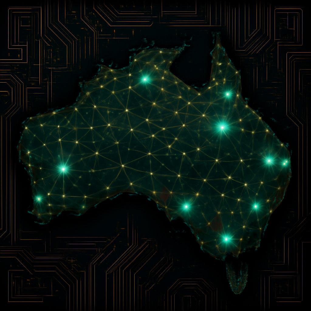 A digital, glowing map of Australia made of interconnected lines and points of light, set against a dark background with circuit-like patterns.