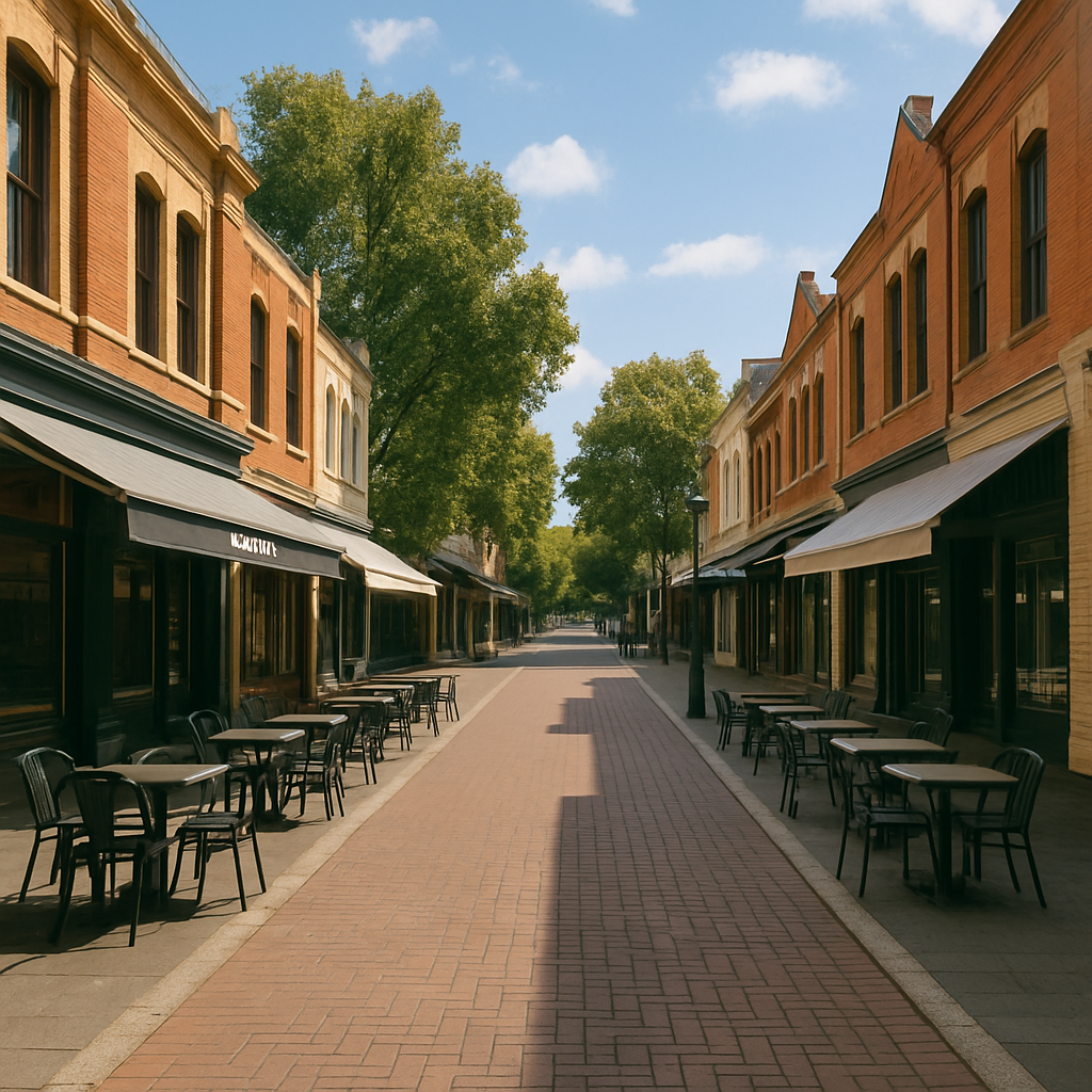 Square image of Perth WA inner city cafe strip with heritage buildings and alfresco street seating - representing Perth metro built-form and urban drafting environments