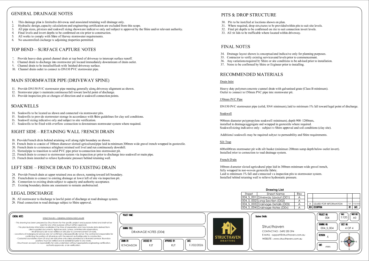 Soakwell installation detail for steep site stormwater management in WA.