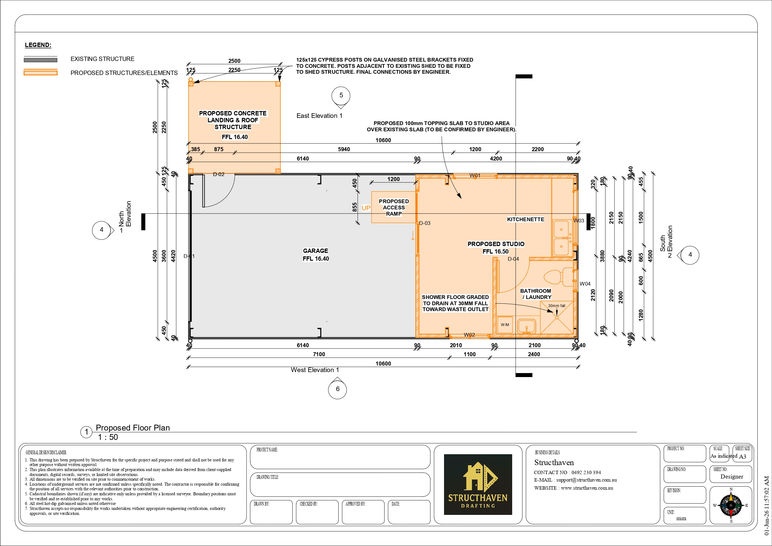 Floor plan of proposed studio conversion including kitchenette, bathroom/laundry, access ramp and entry structure.