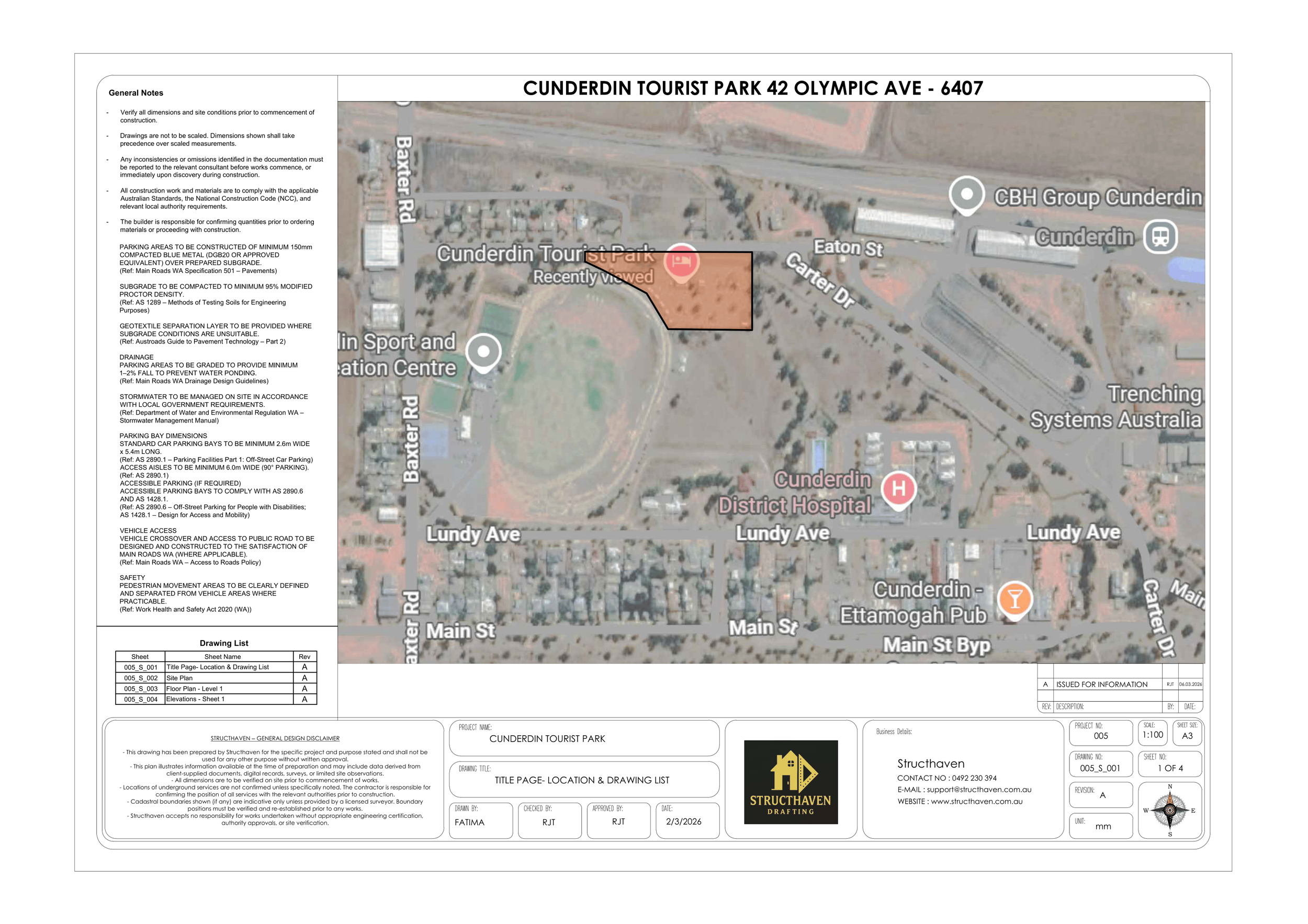 Site Development Plan showing layout of transportable cabins, existing structures, and proposed stormwater drainage for the development project in Cunderdin, WA.