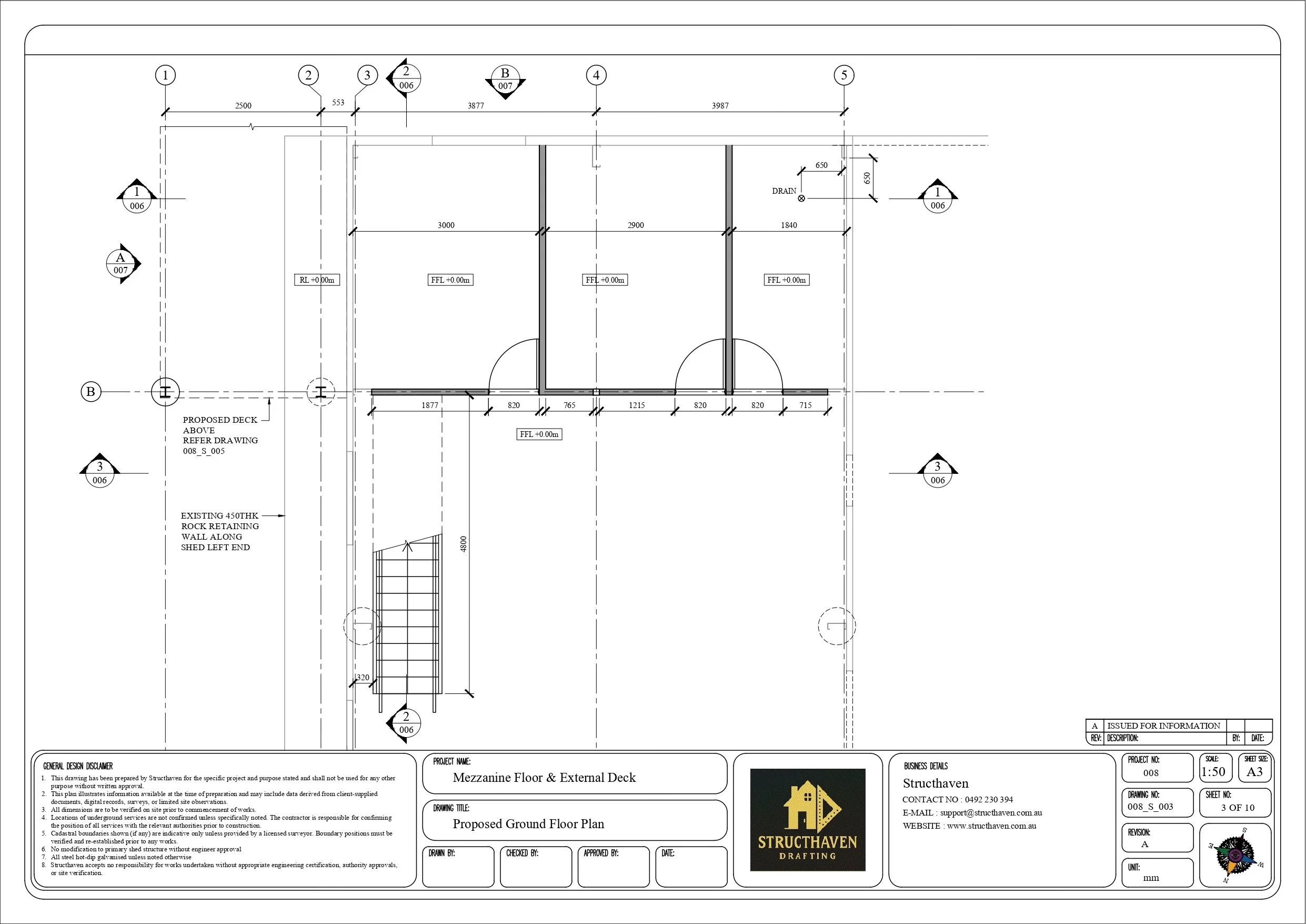 Architectural ground floor plan showing mezzanine stair location, internal layout, and external deck positioning within an existing shed structure in Hideaway Bay Queensland.