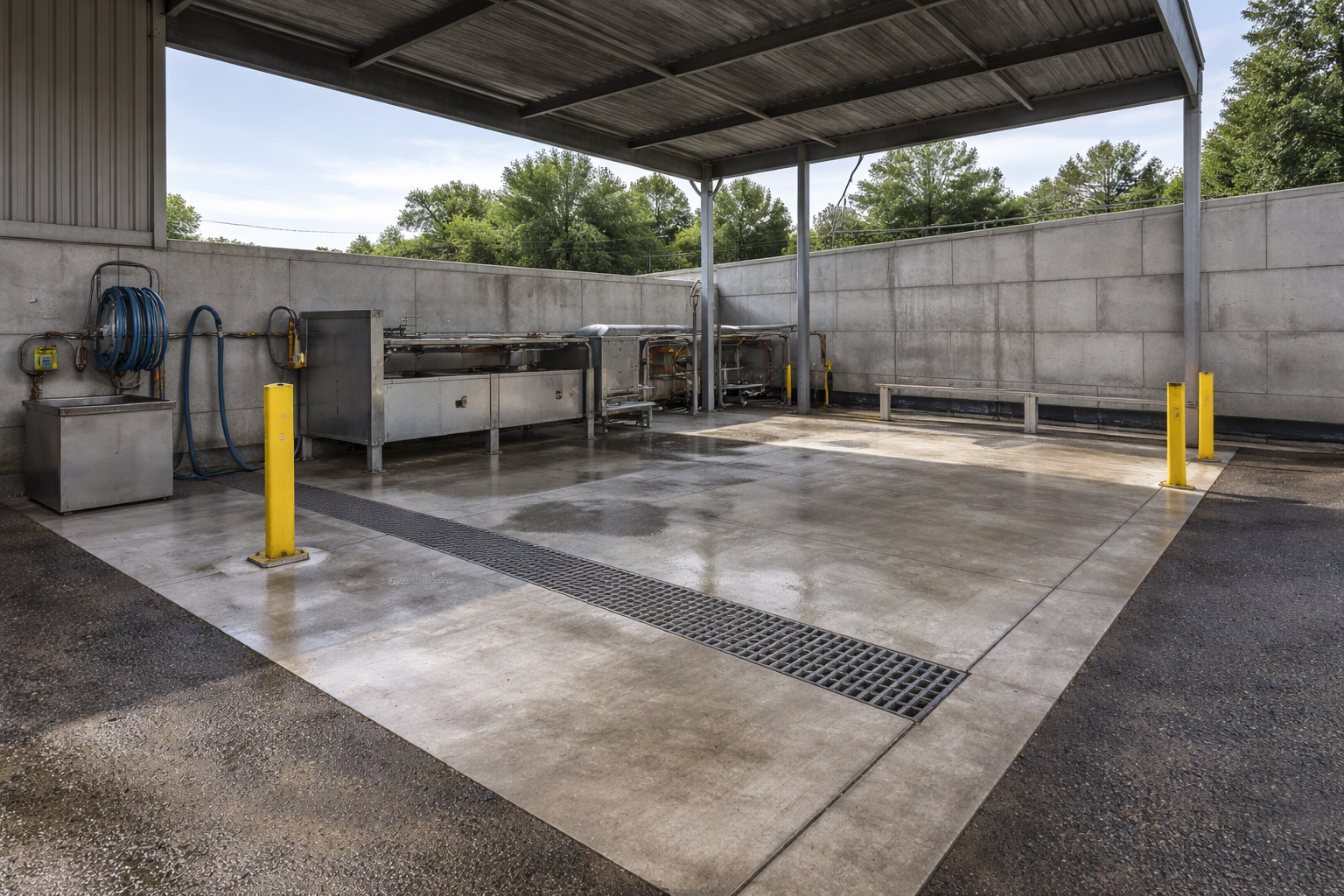 "Industrial concrete washdown bay with a central grated drain, yellow safety railings, and stainless steel fixtures, designed for efficient cleaning of machinery and vehicles."
