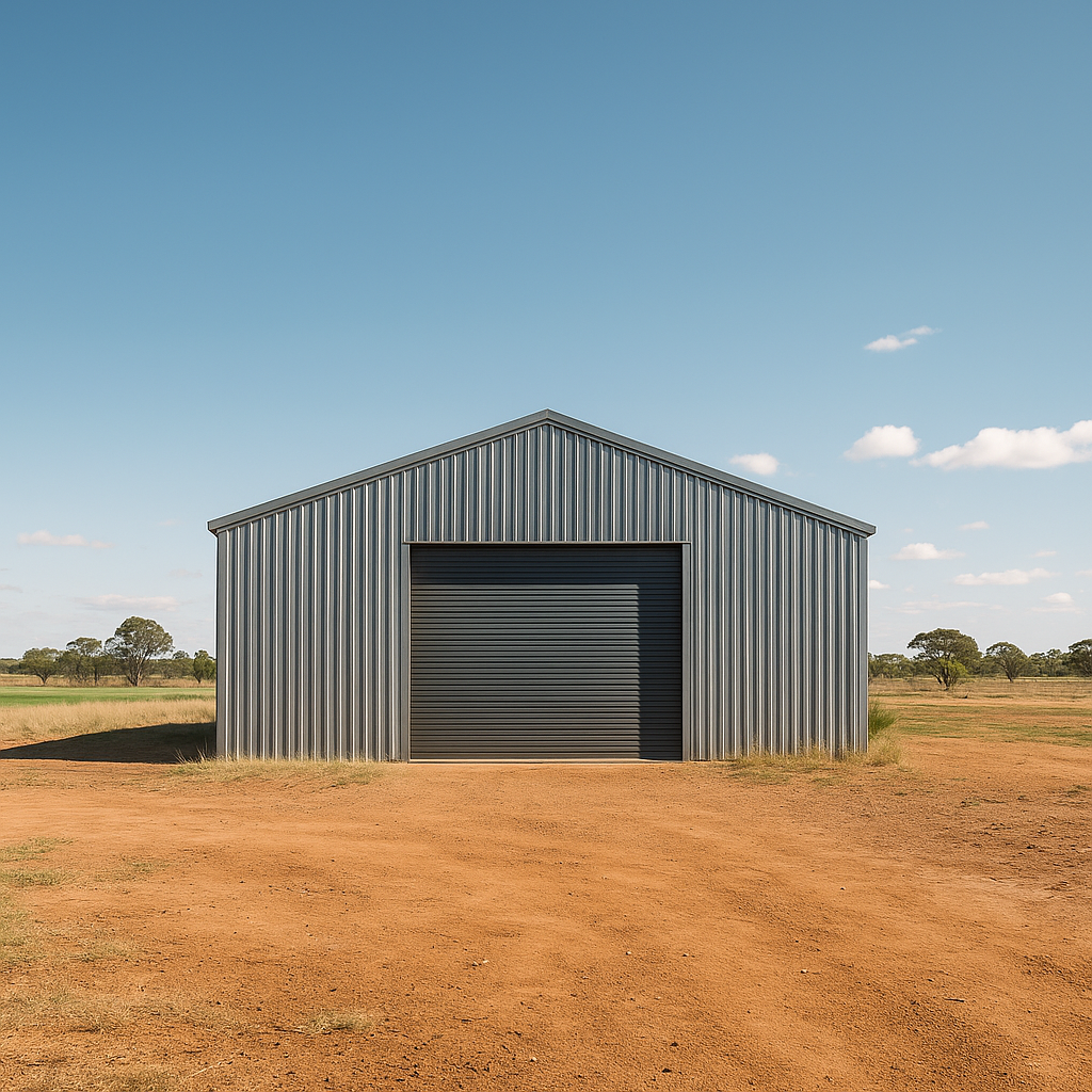 Bright midday view of North West Victoria with a large front-facing steel warehouse on arid farmland under a clear sky - representing Structhavens drafting for rural industrial and agricultural facility design