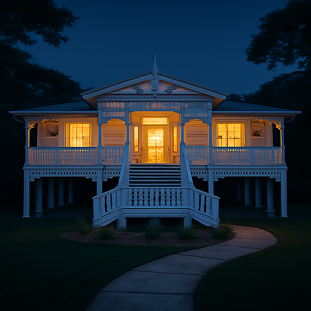 Queenslander house illuminated at night with a warm glow from the windows and detailed verandah."