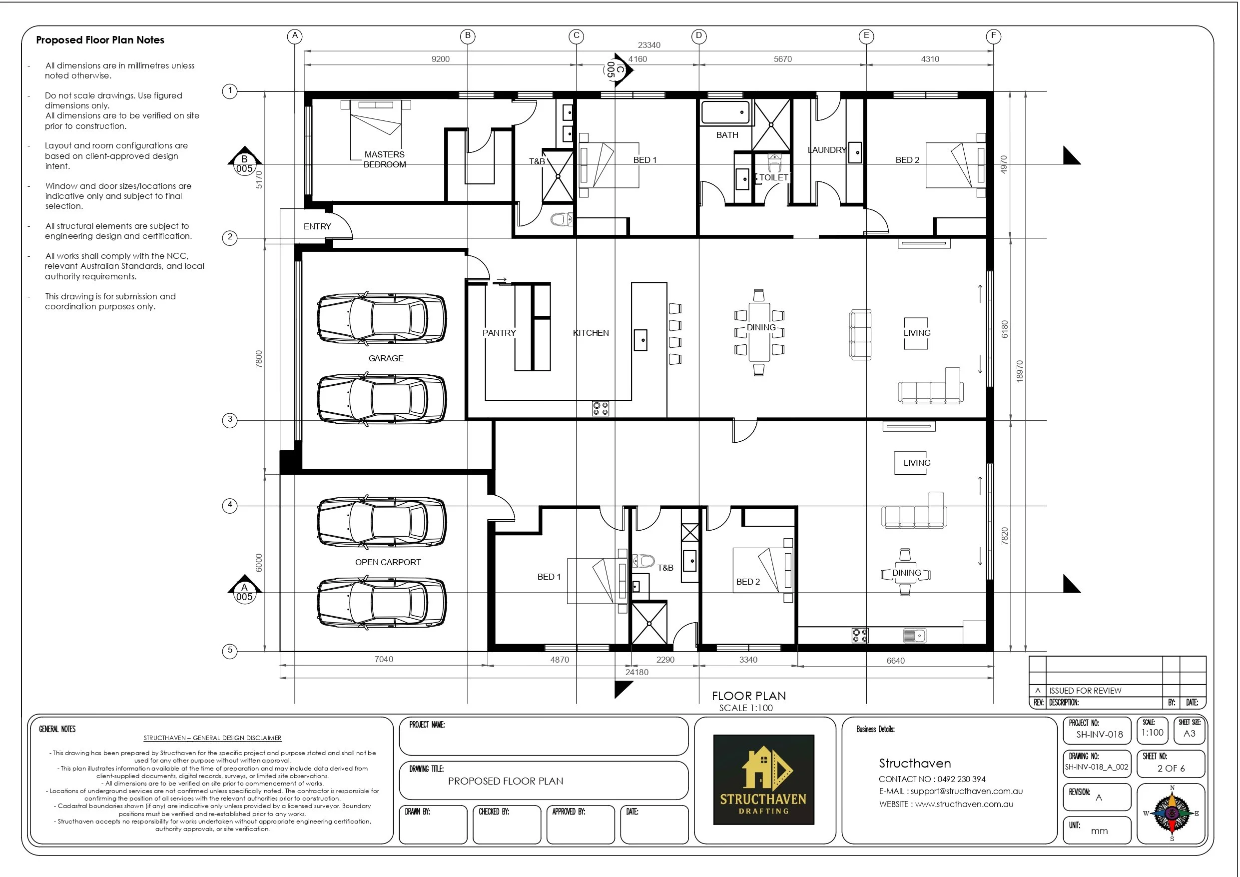 Floor plan of a single residential dwelling with two sides under one roof showing rooms, garage, carport, and circulation areas.”