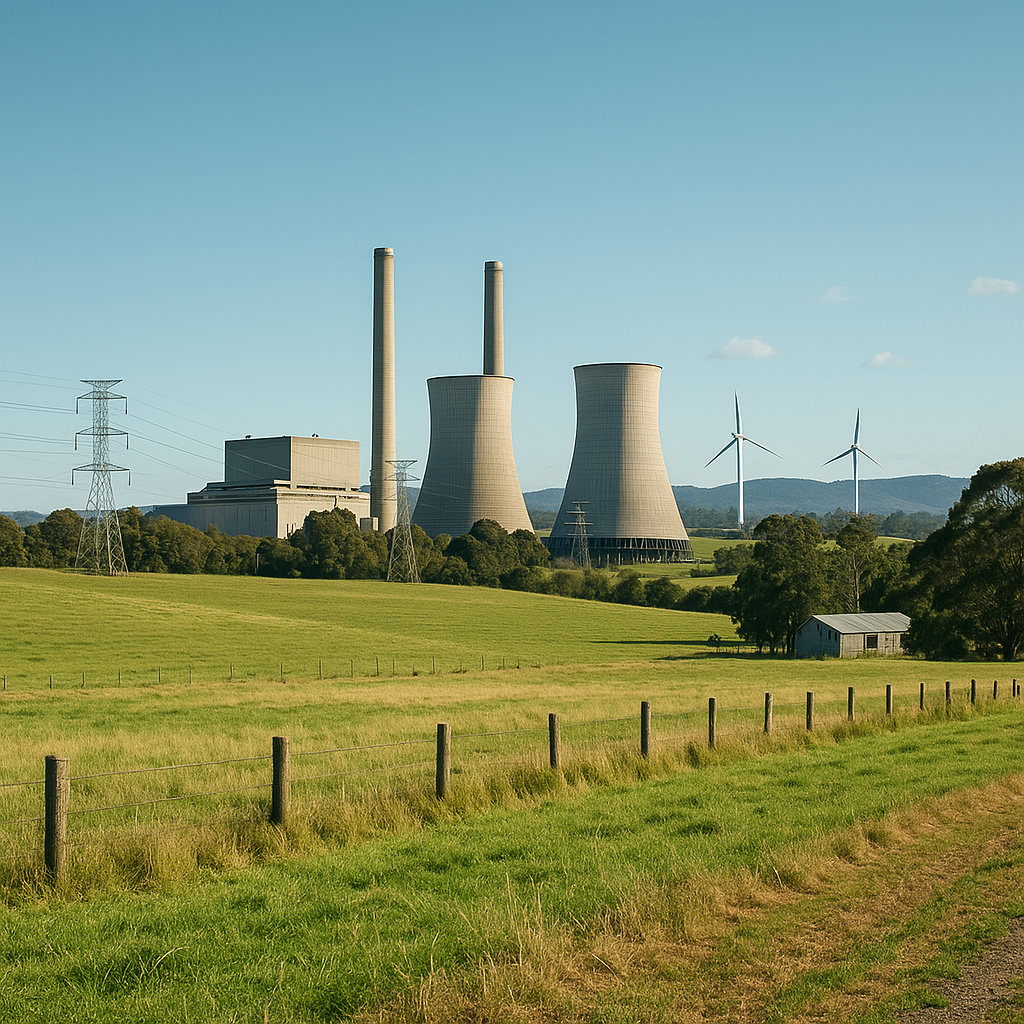 Industrial Gippsland landscape showing power station stacks and wind turbines across rolling farmland - highlighting Structhavens drafting and design support for energy, industrial and agricultural infrastructure projects in Victoria