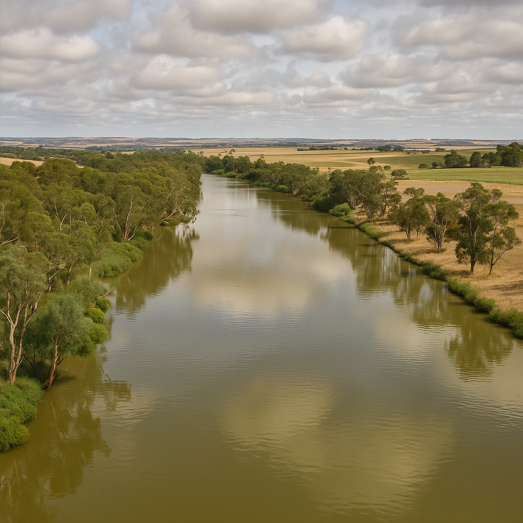 Wide murray river scene showing irrigation pumps, silos  and farming infrastructure along the riverbank under warm afternoon light. representing structhavens drafting services for rural, agriculture, and water infrastructure projects across South Aus