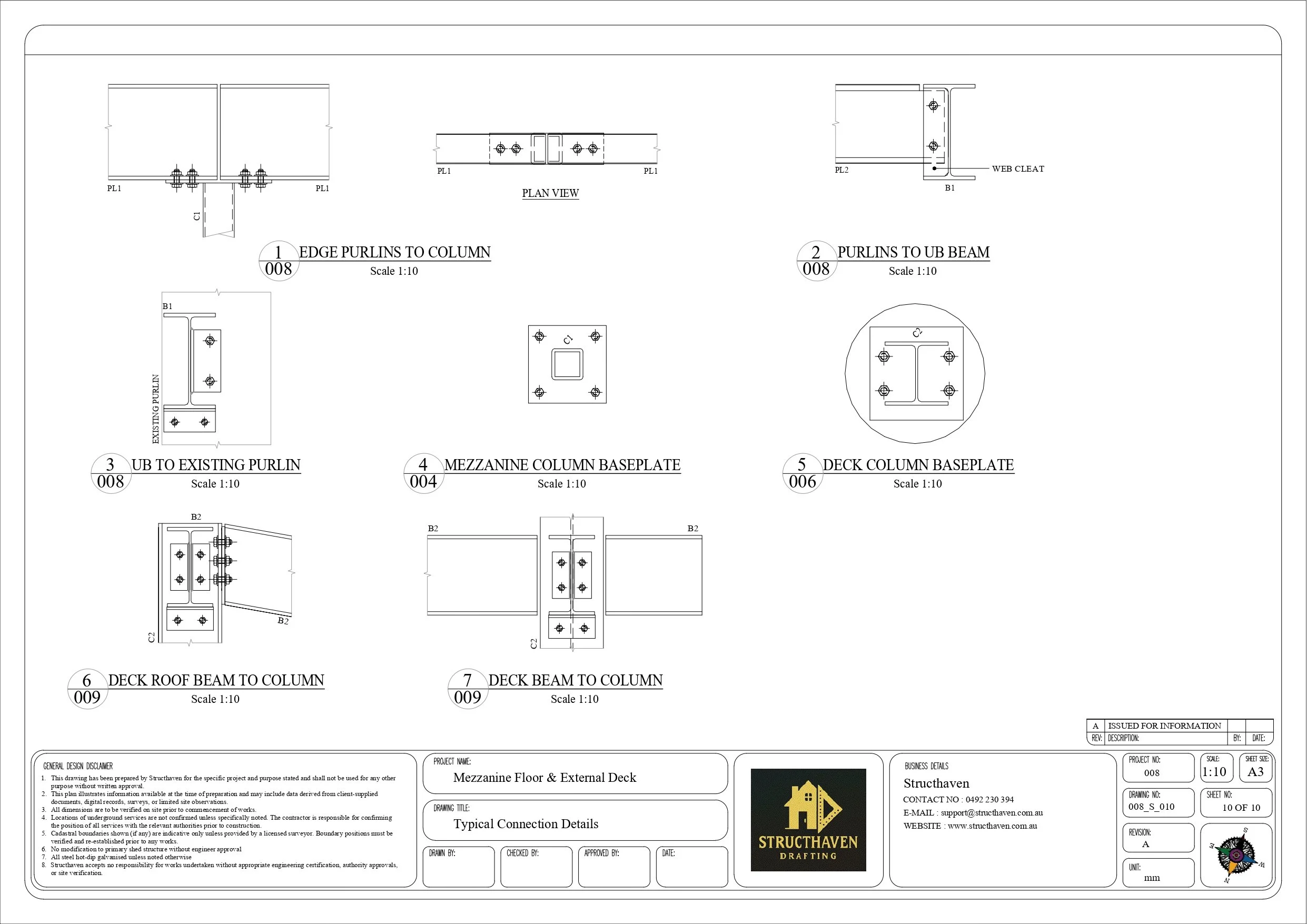 Structural steel connection details showing beam to column plates, deck column base plates and mezzanine framing connections.