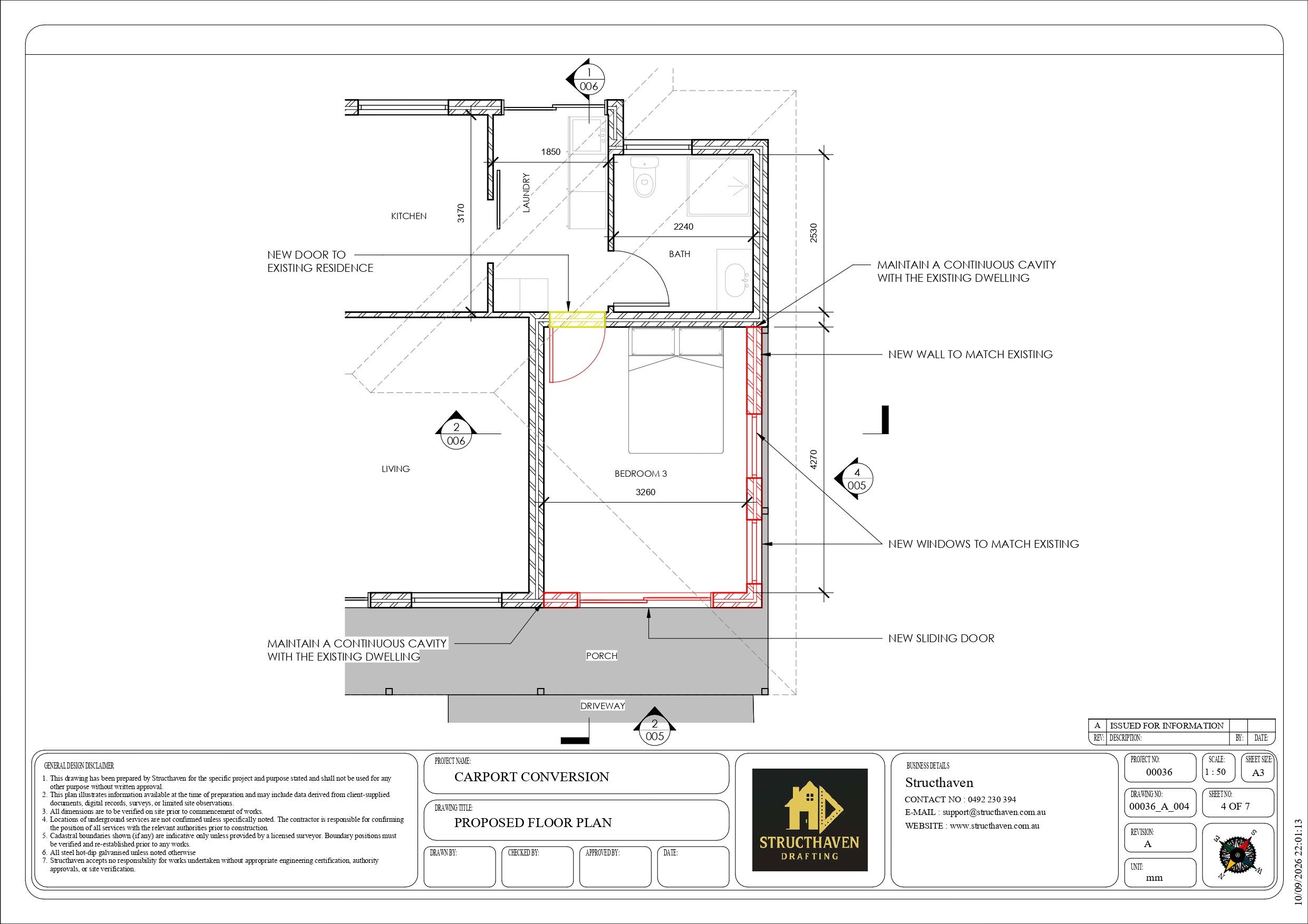 Structhaven residential carport conversion drafting documentation cover sheet for Geographe dwelling extension project.
