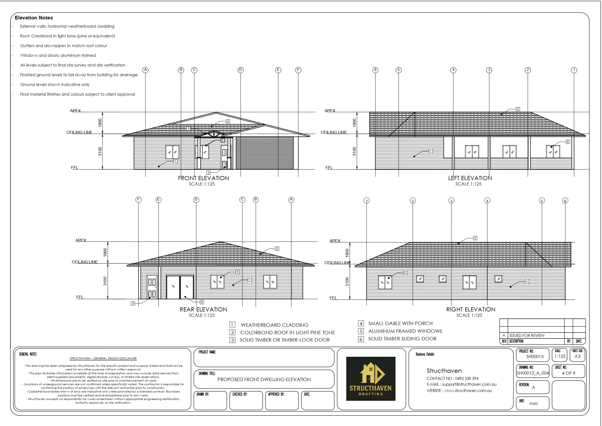 Residential house elevation drawings in Binningup WA showing front, rear, and side views with gable roof design, weatherboard cladding, and coastal architectural style.