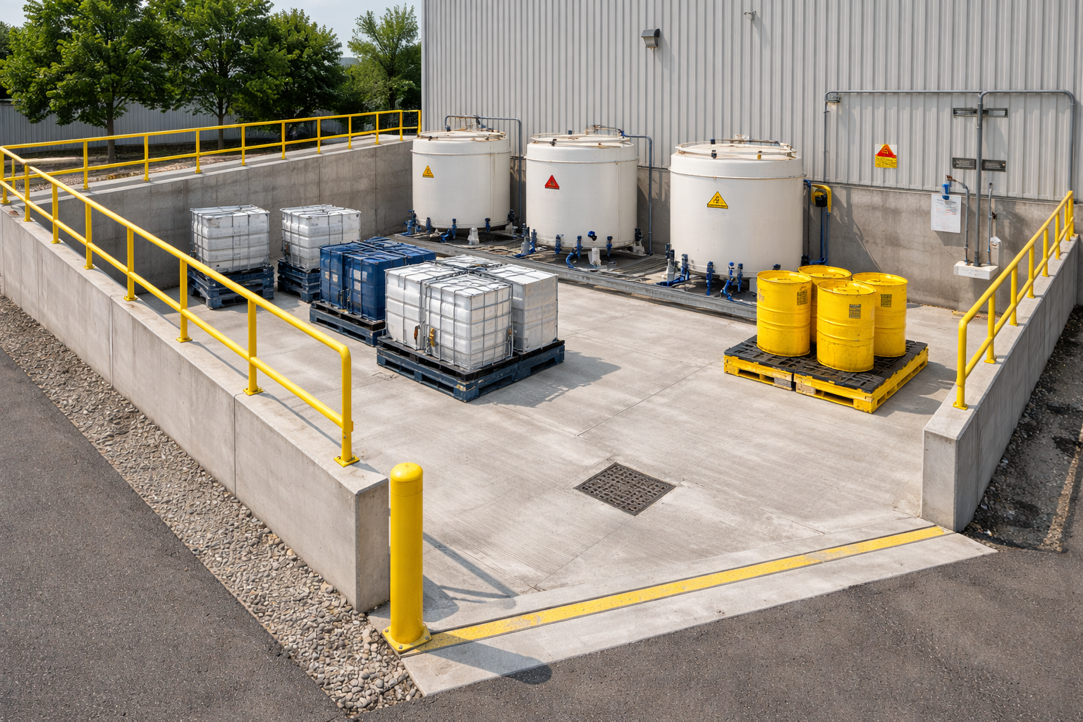 "Concrete bunded area designed for the safe containment of hazardous materials, featuring yellow safety railings and chemical storage tanks."