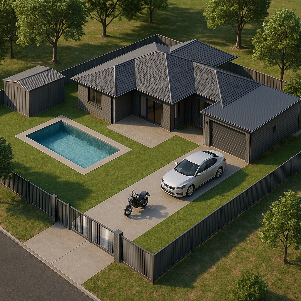 Single-story 5-bedroom, 2-bathroom residential home concept in Perth and Bunbury, Western Australia with spacious backyard, shed, and carport, designed by Structhaven to meet WA building codes and modern family lifestyle needs.