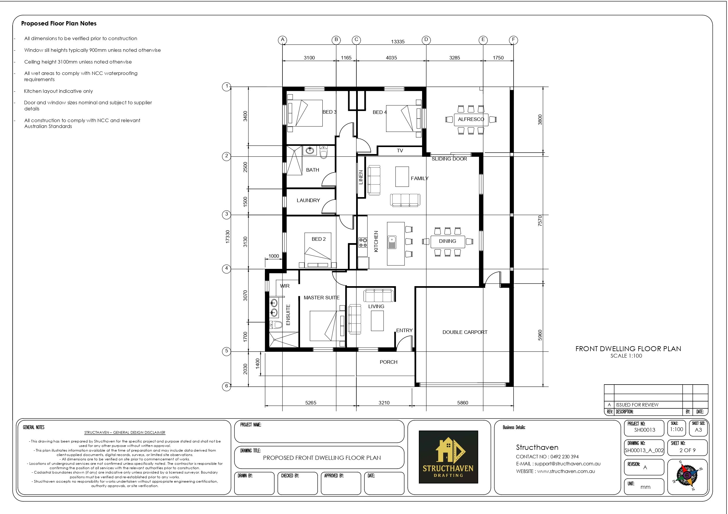 4 bedroom 2 bathroom house floor plan in Binningup WA featuring open-plan kitchen, living and dining layout, alfresco area, and double carport design.