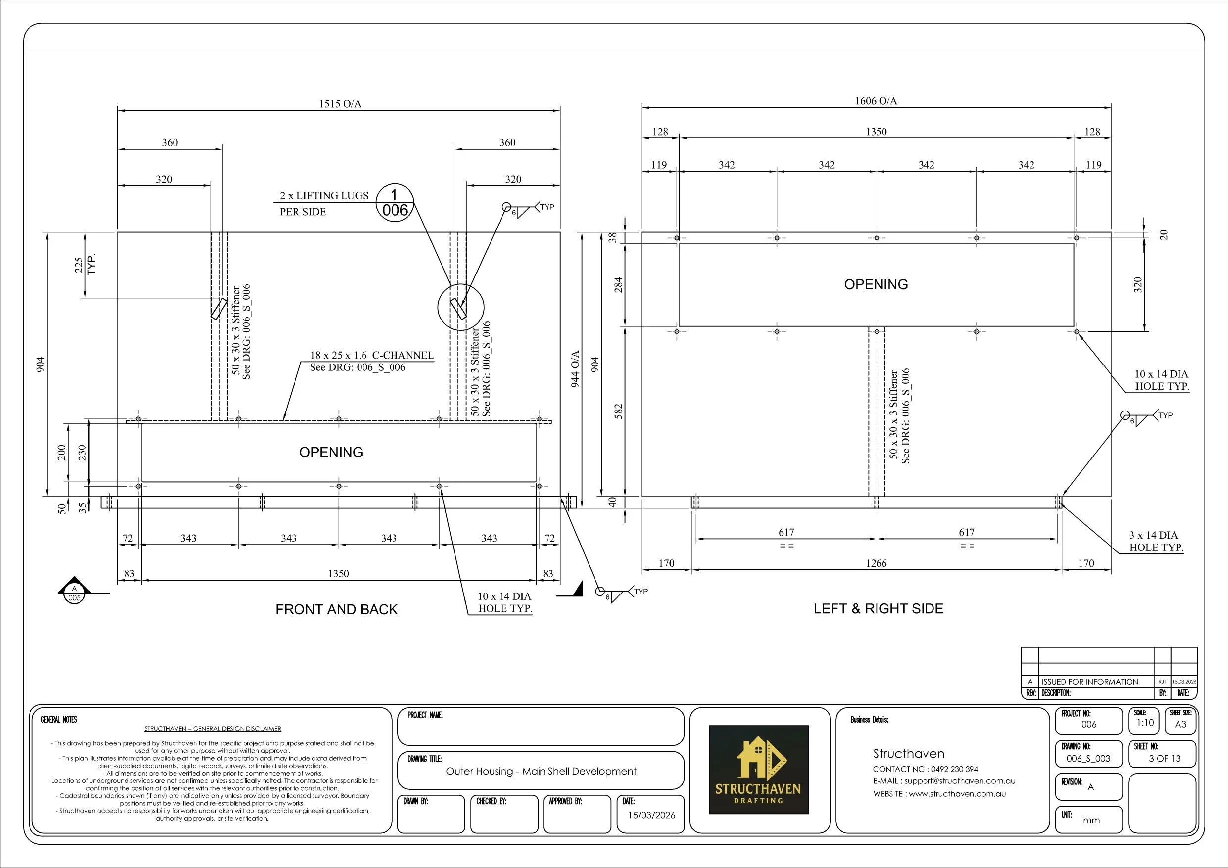"Structural detail of sound attenuated housing with dimensions for openings, stiffeners, and lifting lugs, showing side and front/back views of the unit."