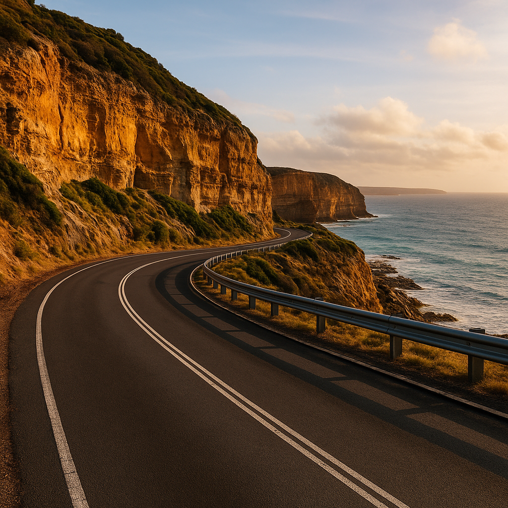 Golden hour image of the Great Ocean road in victoria with curved coastal asphalt, guardrails and rugged limestone cliffs overlooking the ocean - representing Structhavens drafting for coastal and tourism-based infrastructure