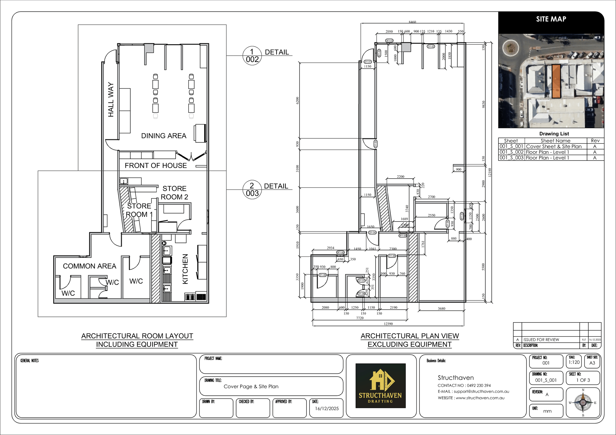 “Commercial shop fit-out drawings for Korean restaurant in Bunbury showing front-of-house and dining layout”