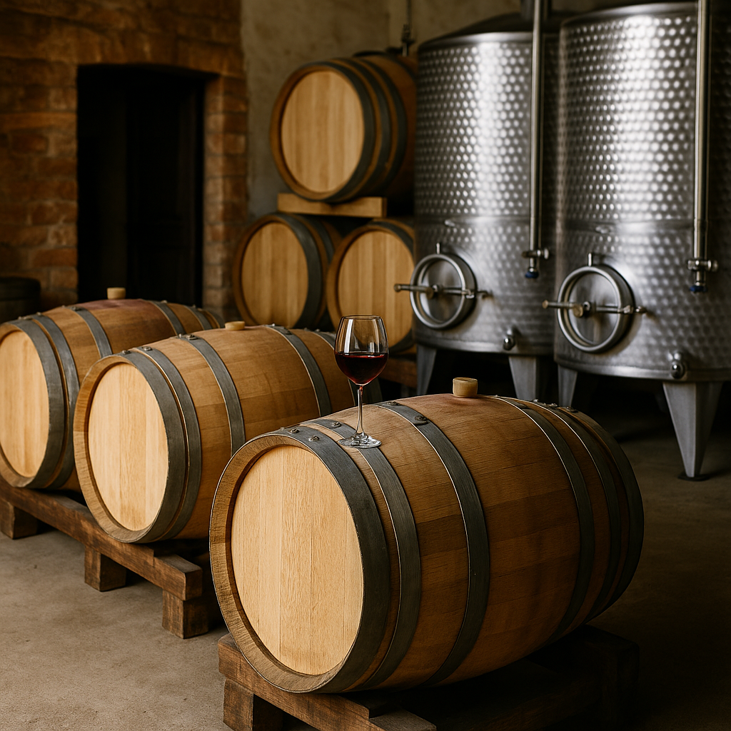 Barossa valley winery setting with stone cellar doors, stacked wine barrels and vineyards surrounded by gum trees under golden afternoon sunlight - highlighting structhavens drafting and design work for tourism, hospitality & agriculture developments