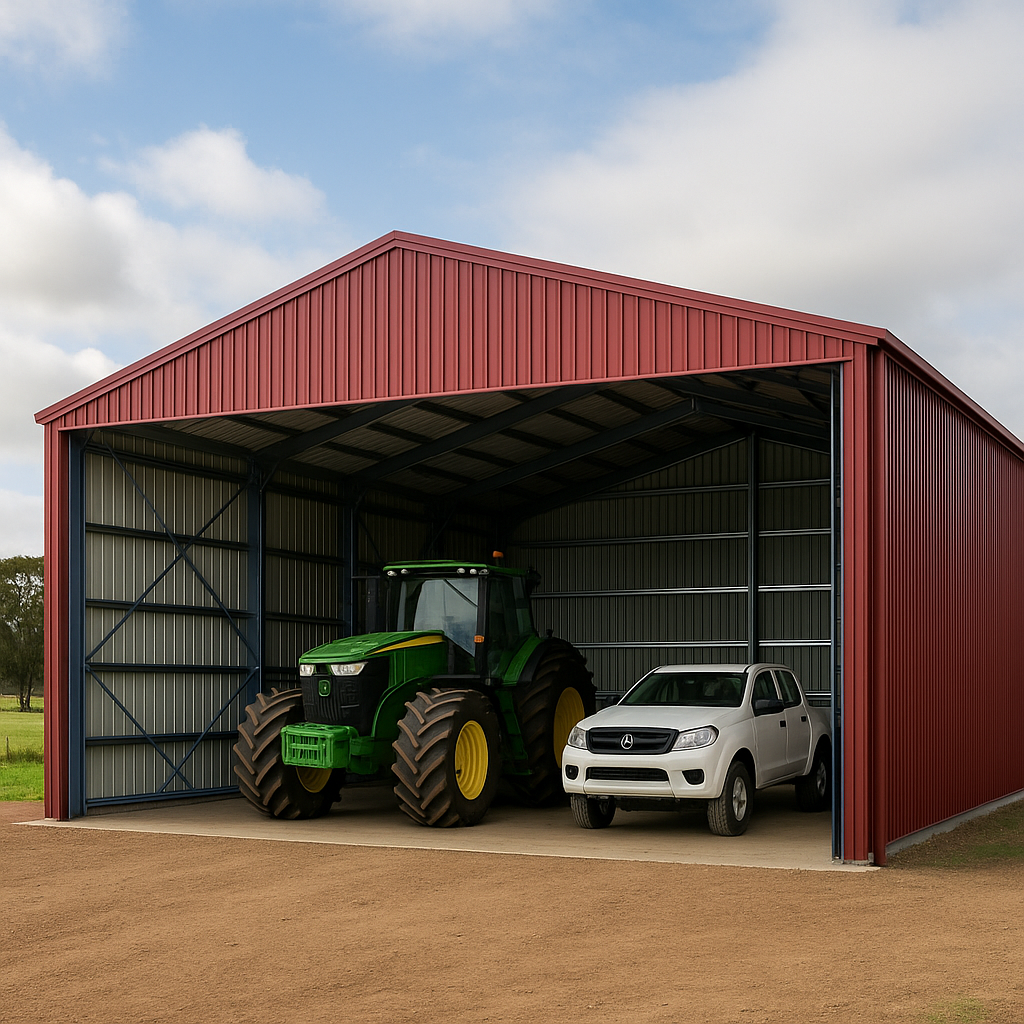 Red metal agricultural storage shed with a green tractor and a white pickup truck parked inside.