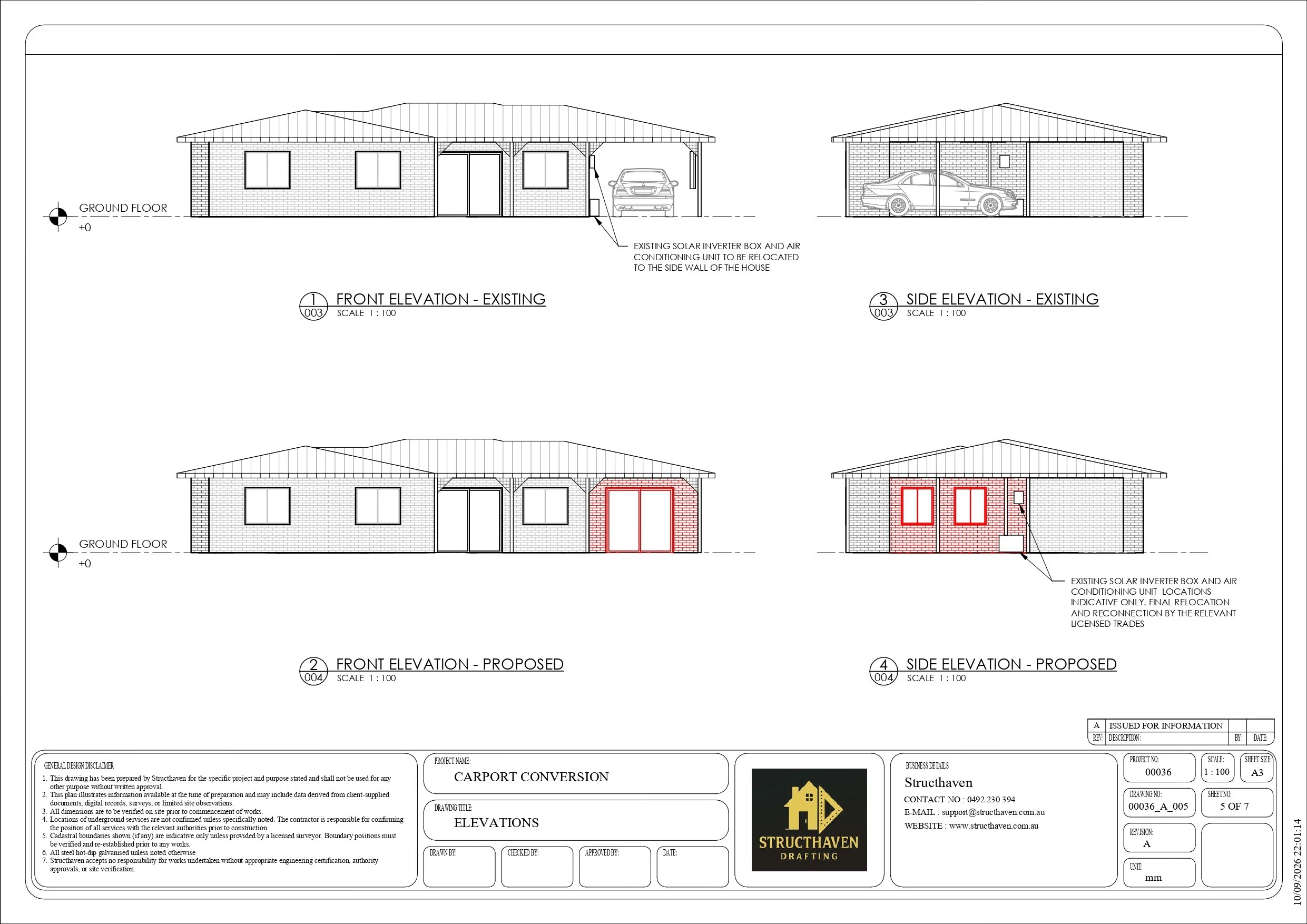 Building sections showing proposed construction details, wall changes and connection between existing dwelling and converted carport.
